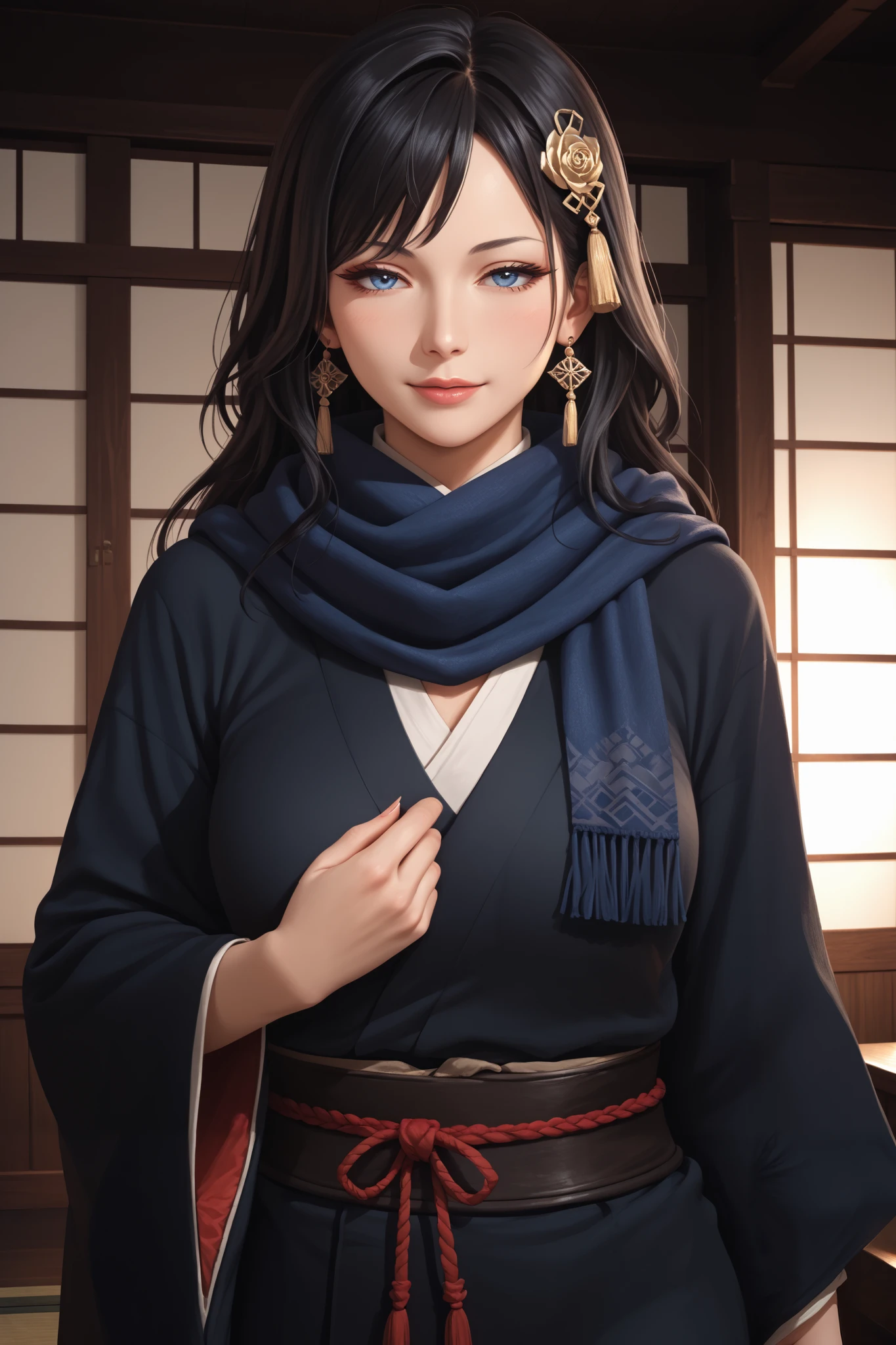 masterpiece, beautiful, ultra-detailed, detailed face, 4k, hd, perfect lighting, best quality, score_9, score_8_up, score_7_up, 2d art, perfect hands, perfect eyes
((cowboy shot))
shanCV, long hair, black hair, blue eyes, tattoo, scarf, japanese clothes, haori, hair ornament
1woman, confident pose, seductive eyes, 30yo, medium breast, adult, ((mature woman)), one hand on the hair
kuchiki house, seireitei, feudal
realism, detailed, skin texture style