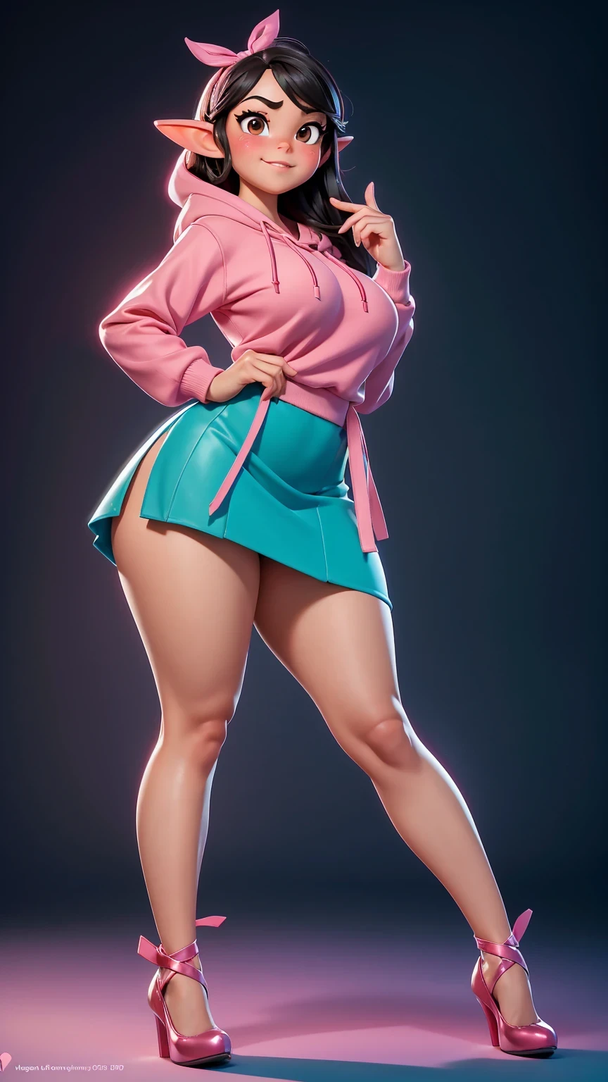 Full body view, adult, (best quality:1.4),(shiny skin), body focus, (cute face), (((best quality))), illustration, adult, full body view, ((Beautiful Finger)), , Beautiful body, Beautiful character design, ,perfect lighting, Colorful, Bright_Front_face_Lighting, ultra high res, highres, absurdres:1.2, bokeh:1.2, lens flare, huge breasts, tall, long legs, adult, (vibrant_color:1.2), , (thick thighs:1.1), THICK, Black hair with colored sprinkles, red ribbon, teal hoodie, large brown eyes, pointy ears, pink blush on cheeks, content expression, skirt, adult Vanellope von Schweetz as an adult, 30 years old.