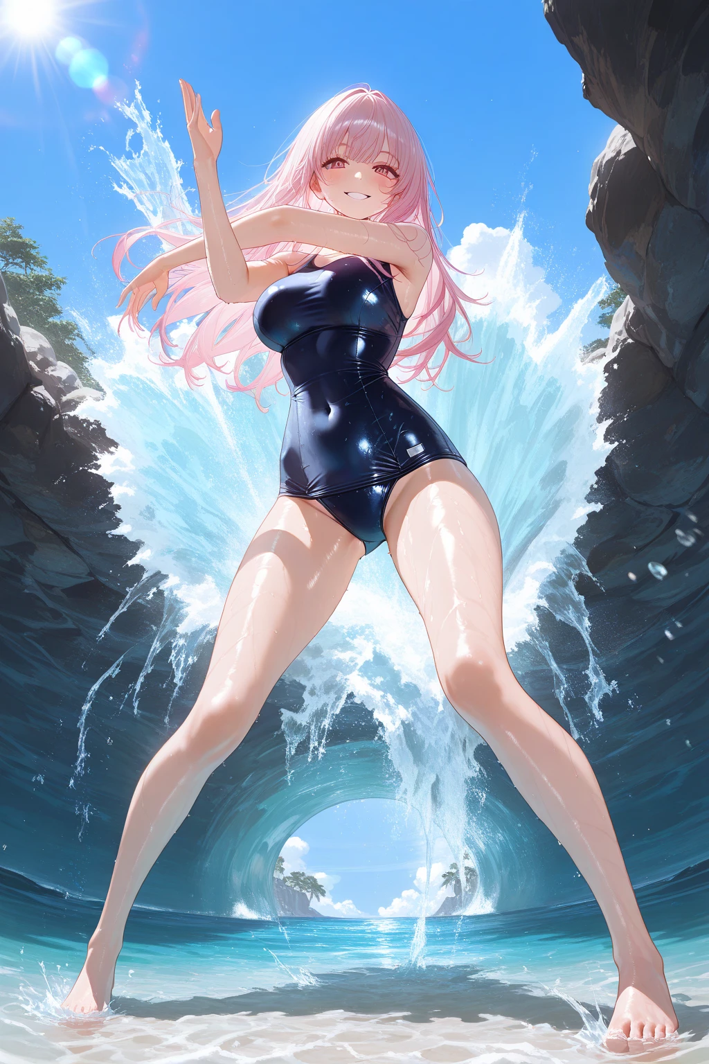 masterpiece, best quality, amazing quality, hyper-detailed, newest, very aesthetic, exquisite lighting and shadow, cinematic lens effects, standing in seawater, 1girl, school swimsuit, onepiece swimsuit, Smile, Covered navel, Long Hair, Looking at Viewer, Water, breasts, Barefoot, Outdoors, clothes shiny, day, Bangs, shiny, Bare arms, Wet, light glow, huge smile, From below, Lens Flare, open stance and dynamic and sexy pose, Water splash, Sweat, az-ys-il,