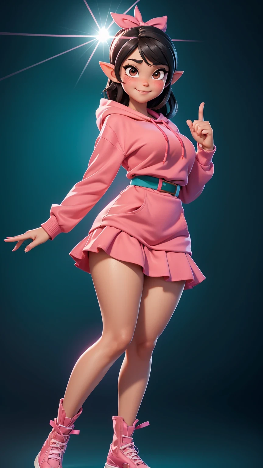 Full body view, adult, (best quality:1.4),(shiny skin), body focus, (cute face), (((best quality))), illustration, adult, full body view, ((Beautiful Finger)), , Beautiful body, Beautiful character design, ,perfect lighting, Colorful, Bright_Front_face_Lighting, ultra high res, highres, absurdres:1.2, bokeh:1.2, lens flare, huge breasts, tall, long legs, adult, (vibrant_color:1.2), , (thick thighs:1.1), THICK, Black hair with colored sprinkles, red ribbon, teal hoodie, large brown eyes, pointy ears, pink blush on cheeks, content expression, skirt, adult Vanellope von Schweetz as an adult, 30 years old.