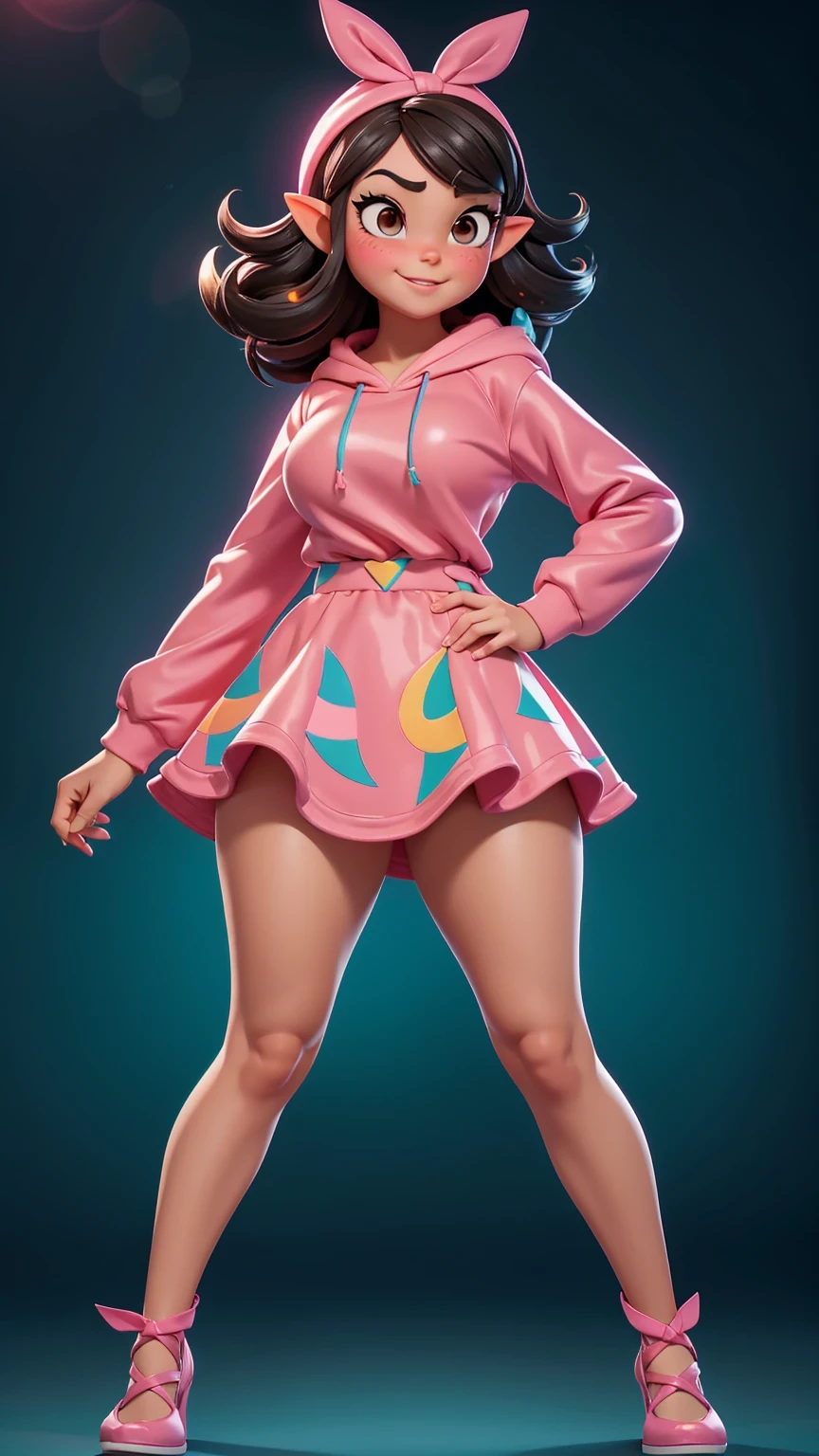 Full body view, adult, (best quality:1.4),(shiny skin), body focus, (cute face), (((best quality))), illustration, adult, full body view, ((Beautiful Finger)), , Beautiful body, Beautiful character design, ,perfect lighting, Colorful, Bright_Front_face_Lighting, ultra high res, highres, absurdres:1.2, bokeh:1.2, lens flare, huge breasts, tall, long legs, adult, (vibrant_color:1.2), , (thick thighs:1.1), THICK, Black hair with colored sprinkles, red ribbon, teal hoodie, large brown eyes, pointy ears, pink blush on cheeks, content expression, skirt, adult Vanellope von Schweetz as an adult, 30 years old.