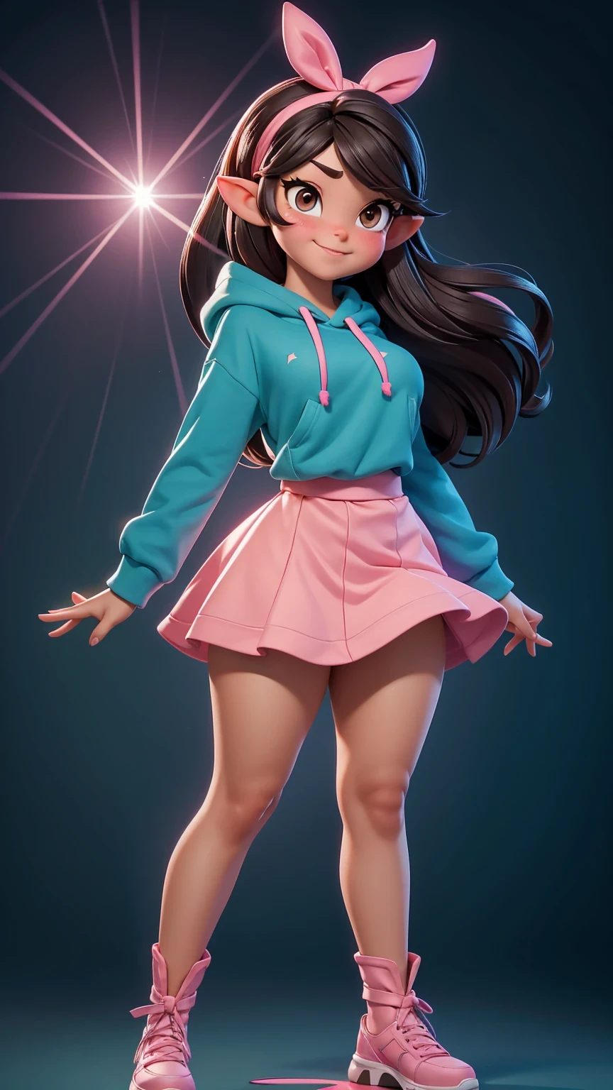 Full body view, adult, (best quality:1.4),(shiny skin), body focus, (cute face), (((best quality))), illustration, adult, full body view, ((Beautiful Finger)), , Beautiful body, Beautiful character design, ,perfect lighting, Colorful, Bright_Front_face_Lighting, ultra high res, highres, absurdres:1.2, bokeh:1.2, lens flare, huge breasts, tall, long legs, adult, (vibrant_color:1.2), , (thick thighs:1.1), THICK, Black hair with colored sprinkles, red ribbon, teal hoodie, large brown eyes, pointy ears, pink blush on cheeks, content expression, skirt, adult Vanellope von Schweetz as an adult, 30 years old.