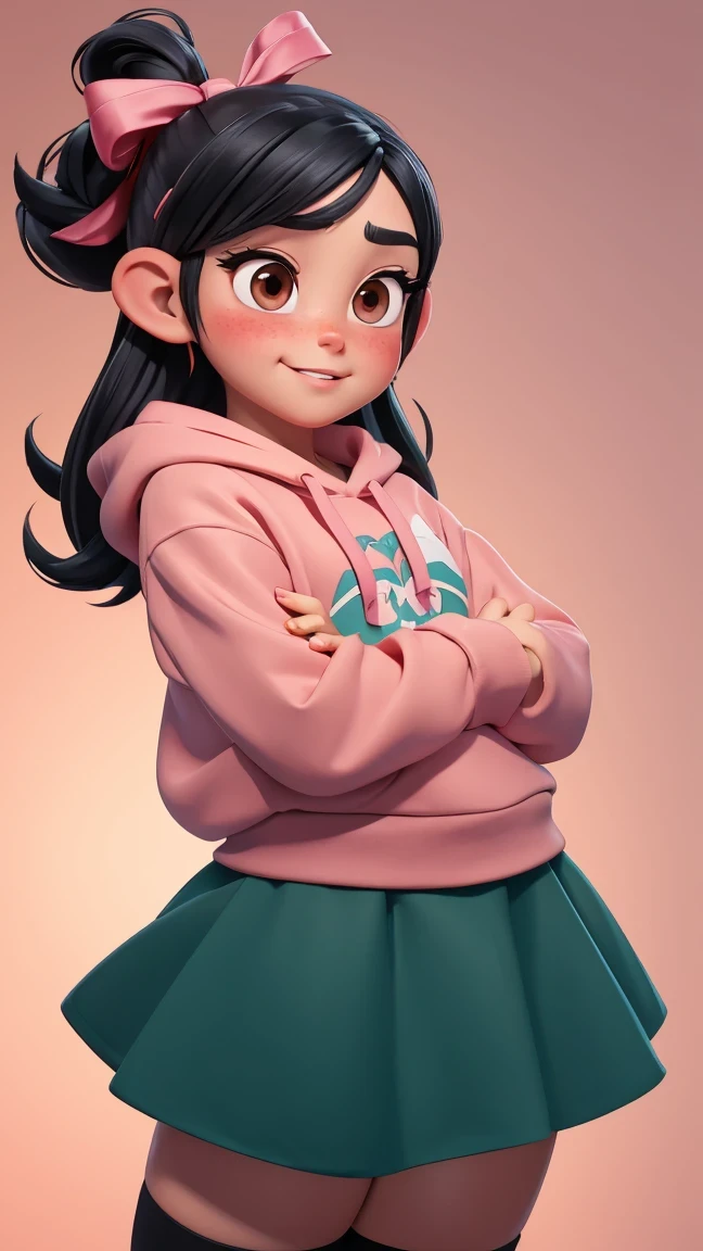 (best quality:1.4),(shiny skin), body focus, (cute face), (((best quality))), illustration, adult, full body view, ((Beautiful Finger)), , Beautiful body, Beautiful character design, ,perfect lighting, Colorful, Bright_Front_face_Lighting, ultra high res, highres, absurdres:1.2, bokeh:1.2, lens flare, (vibrant_color:1.2), , (thick thighs:1.1), THICK, Black hair with colored sprinkles, red ribbon, teal hoodie, large brown eyes, pointy ears, pink blush on cheeks, content expression, skirt, Vanellope von Schweetz as an adult, 30 years old.