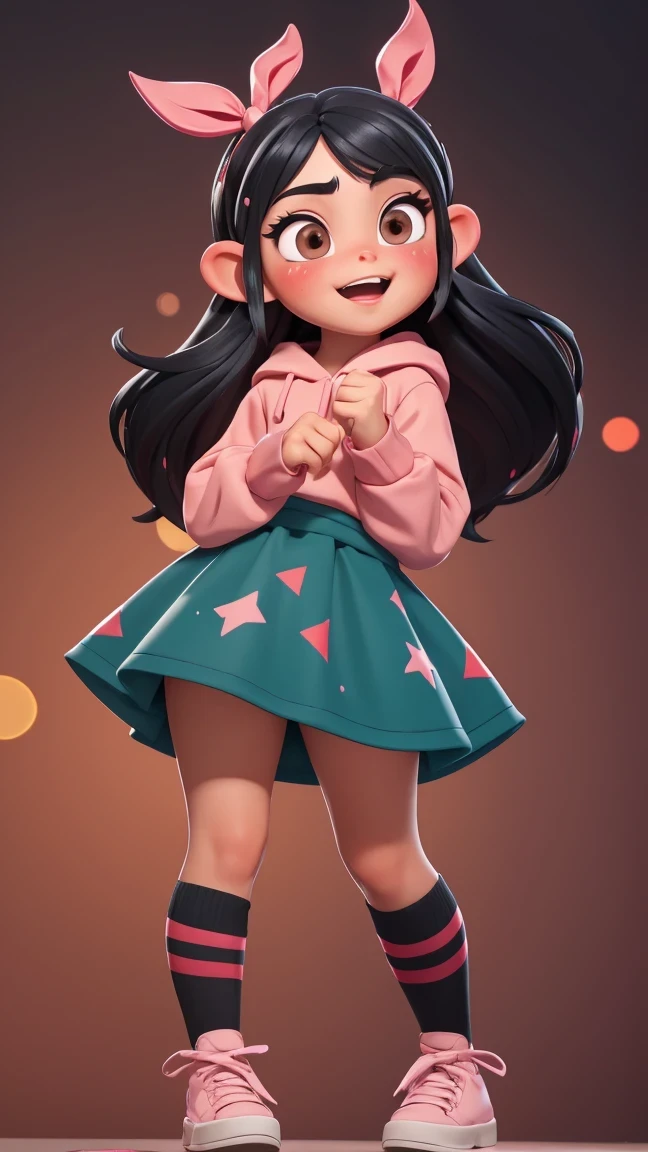 (best quality:1.4),(shiny skin), body focus, (cute face), (((best quality))), illustration, adult, full body view, ((Beautiful Finger)), , Beautiful body, Beautiful character design, ,perfect lighting, Colorful, Bright_Front_face_Lighting, ultra high res, highres, absurdres:1.2, bokeh:1.2, lens flare, (vibrant_color:1.2), , (thick thighs:1.1), THICK, Black hair with colored sprinkles, red ribbon, teal hoodie, large brown eyes, pointy ears, pink blush on cheeks, content expression, skirt, Vanellope von Schweetz as an adult, 30 years old.