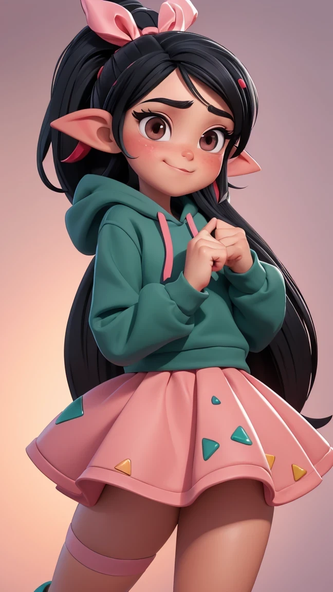 (best quality:1.4),(shiny skin), body focus, (cute face), (((best quality))), illustration, adult, full body view, ((Beautiful Finger)), , Beautiful body, Beautiful character design, ,perfect lighting, Colorful, Bright_Front_face_Lighting, ultra high res, highres, absurdres:1.2, bokeh:1.2, lens flare, (vibrant_color:1.2), , (thick thighs:1.1), THICK, Black hair with colored sprinkles, red ribbon, teal hoodie, large brown eyes, pointy ears, pink blush on cheeks, content expression, skirt, Vanellope von Schweetz as an adult, 30 years old.