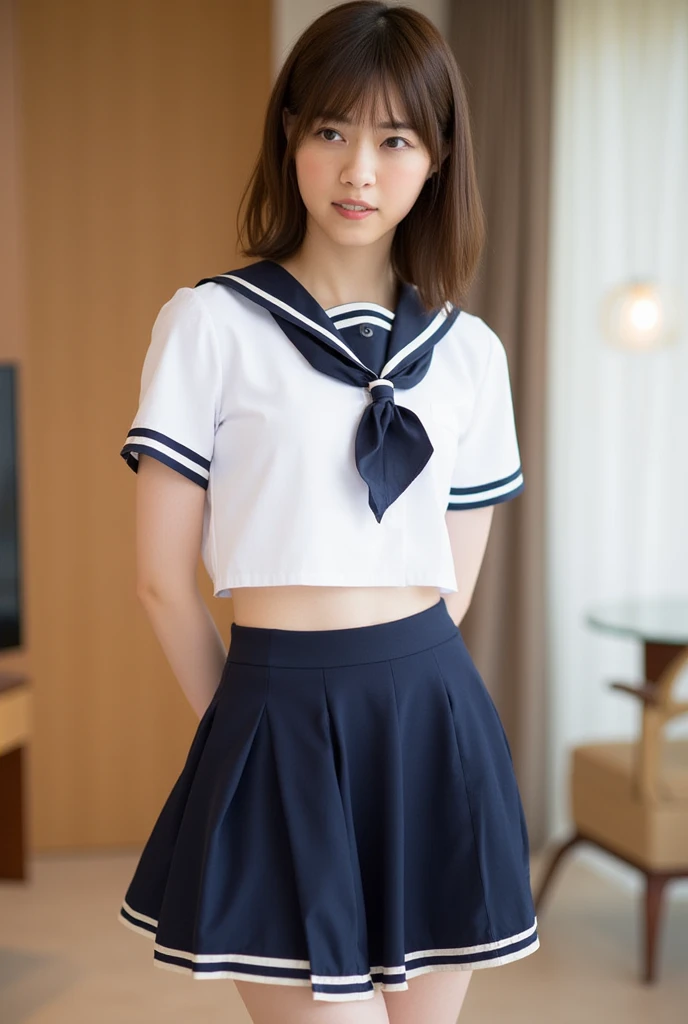 (masterpiece, best quality:1.2), 8k, official art, raw photo, incredibly absurdres, (sailor uniform, serafuku:1.0), 15 years old,highschool student,beautiful girl, pretty face, , short sleeve, violaceaess, (short twintails:1.3),teen, classroom, looking at viewer, no makeup, detailed eyes and face, ,(cowboyshot:1.3),(small brests:1.2),(skinny:1.2),(smile:1.2),(school swimsuit:1.3),(fullnude:1.0),(show pussy:1.0),(bottomless:1.0),