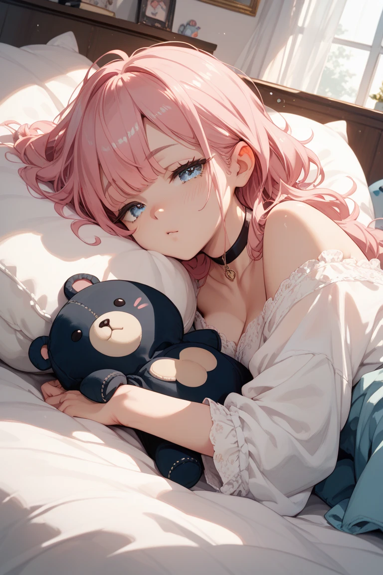 1girl, masterpiece, best quality, extremly detailed,cinematic lighting, finely detailed beautiful face and eyes, 8k, dark intense shadows, long hair, pink hair, two side up, white shirt, frill,
bare shoulders, looking at viewer, crying, pigtails, (squatting),(upper body), (sitting on bed), pink bed, (teddy bear), dolls on background, turned head, blue eyes, window, moonlight, ((night)), (dark background), (dark room), backlighting, messy room