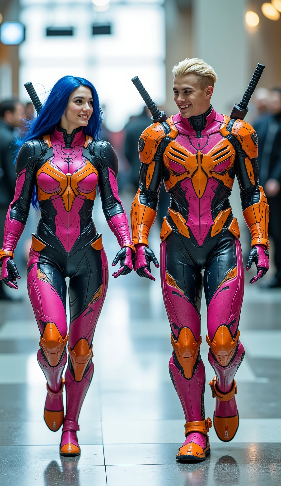 character: oung boy blonde hair. oung girl blue Hair. They have Europe faces. Two swords on the back.
action: Walk straight and look straight ahead.
Expression : smiling.
Costume : they Wearing futuristik pink venom with orange gundam armor. Each of them has two katana swords on their backs.
Background : A bright indoor public space , with people vaguely seen in the distance, shows that this picture was taken at a fun event or get-together, maybe a convention or costume . They radiate happiness as they walk confidently in their superhero costumes. Show the whole body.