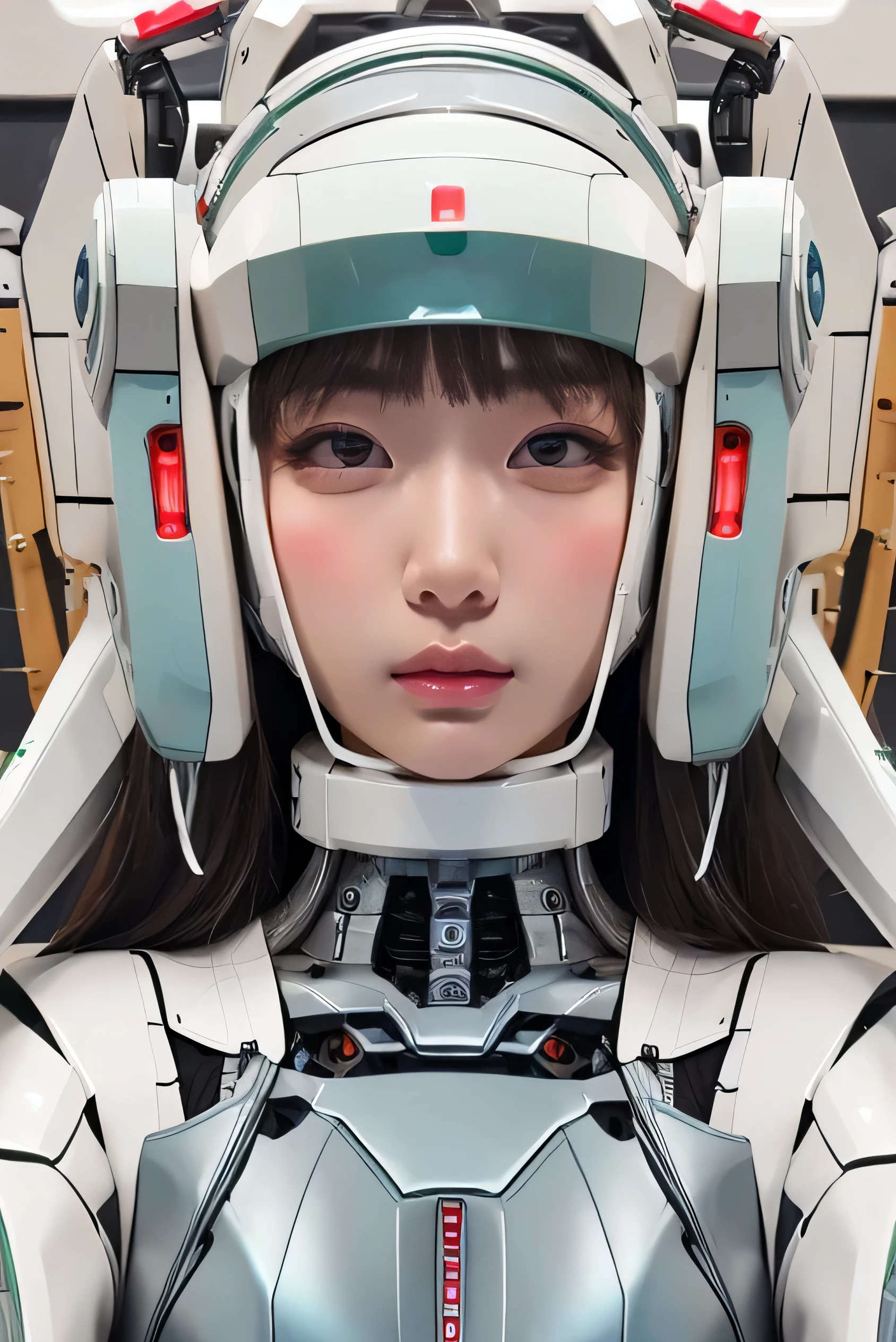 masterpiece, best quality, extremely detailed,portrait,upper body,front view,Japaese android girl,Plump, control panels,android,Droid,Mechanical Hand, Robot arms and legs,Blunt bangs,long tube,thick cable connected her neck,