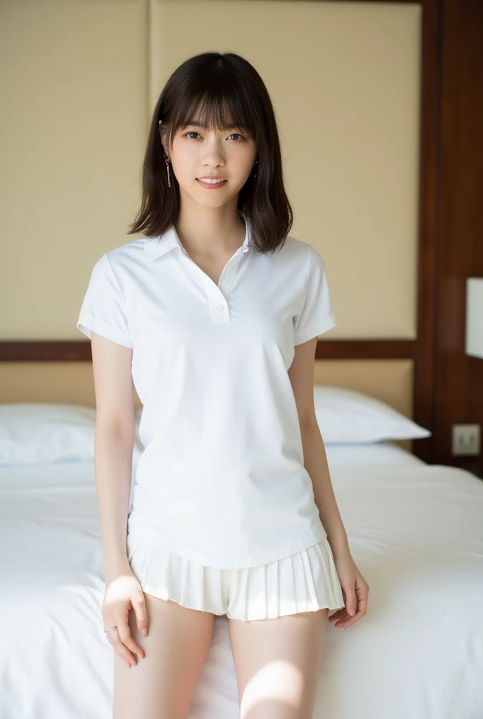 (Masterpiece, Best quality: 1.4), (Ultra realistic, Photo-realistic: 1.2), Full body, (kneeling:1.2), Natural light, 25 years old school girls, Japanese women, Neat and clean, (White sexy tennis uniform, White short-sleeve polo shirt with darknavy line collar:1.2), (unbutton:1.3), (White tennis skirt:1.2), (ponytail:1.2), Light brown hair color, (Beautiful Face), Oval face, clear, (Beautiful eyes, Kind eyes), (Clear skin), Small face, (Small mouth, Beautiful mouth), Natural makeup, Approachable, Luxury hotel Suite room, On bed, (nsfw:1.2), Seductive smile, (Seductive pose:1.2), (Beautiful thighs:1.2), Bedroom eyes,