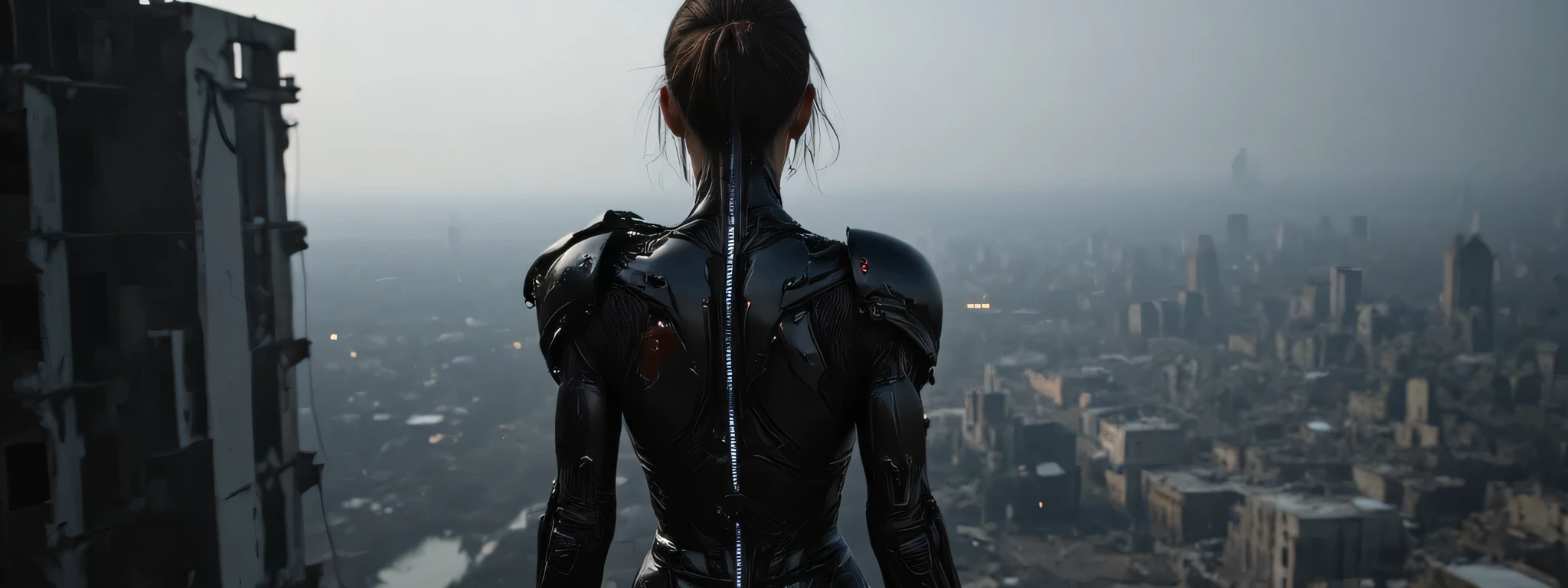 A biopunk woman stands on a tall building, looking down at the ruins of a bombed city far below. She is half machine, half woman, is heavily battle damaged, the areas that are still skin bloody and sweating. The lighting is very dark, the subtle LED of her armor casting shadows that accentuate the contours and mechanical details. The background is a bombed city in the distance, creating a quiet yet powerful atmosphere. The shooting angle is high above the city, with a sense of death due to shadow play and the positioning of mechanical elements. The overall composition and technical execution present a seamless blend of organic and technological features, evoking themes of future, integration, and identity. 8k super hd, uhd (full body:2)