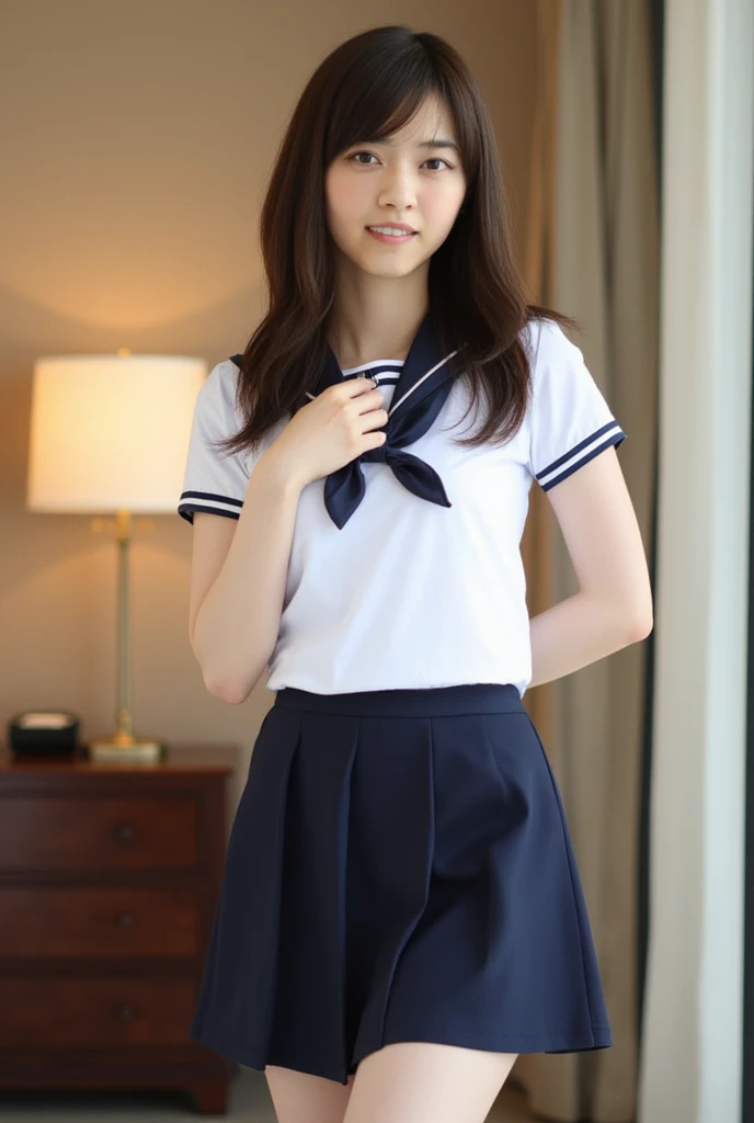 ((highest quality)), ((masterpiece)), (detailed), High resolution、32k、Live Action、Genuine、Live-action version、Genuine、reality、Professional Lighting、Spotlight on faceを当てる、The best beautiful girl、So cute、Face similar to Haruka Fukuhara、The cutest high school girl in Japan、Smooth short hair、Shiny black hair、Small face、Fair skin、Big eyes、double eyelid、Long eyelashes、Tear bags、Glowing black eyes、blush、skinny、幼さの残るsmile、Thin neck、Thin arms、Narrow shoulders、uniform、Short-sleeved sailor uniform、White Sailor Suit、Red scarf、Navy blue pleated mini skirt、White socks、black loafer shoes、Translucent white skin、Small Bust、AカップのSmall Bust、smile、Cute butt、Beautiful legs、Night Classroom、dim、shy、clear、Similar to Haruka Fukuhara、Spotlight on face、Well-formed face、Watery eyes、Beauty、beauty、Lovely、Soft Skin、I want to hug you、