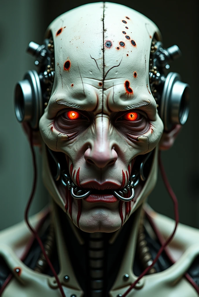 A highly detailed cyberpunk male cyborg with a completely bald head, realistic human features, and intricate mechanical components and wires integrated seamlessly into the head. The cyborg has a mechanical mask covering the mouth and jaw area, and a serious expression. The setting is a dystopian, industrial environment with a soft background blur.