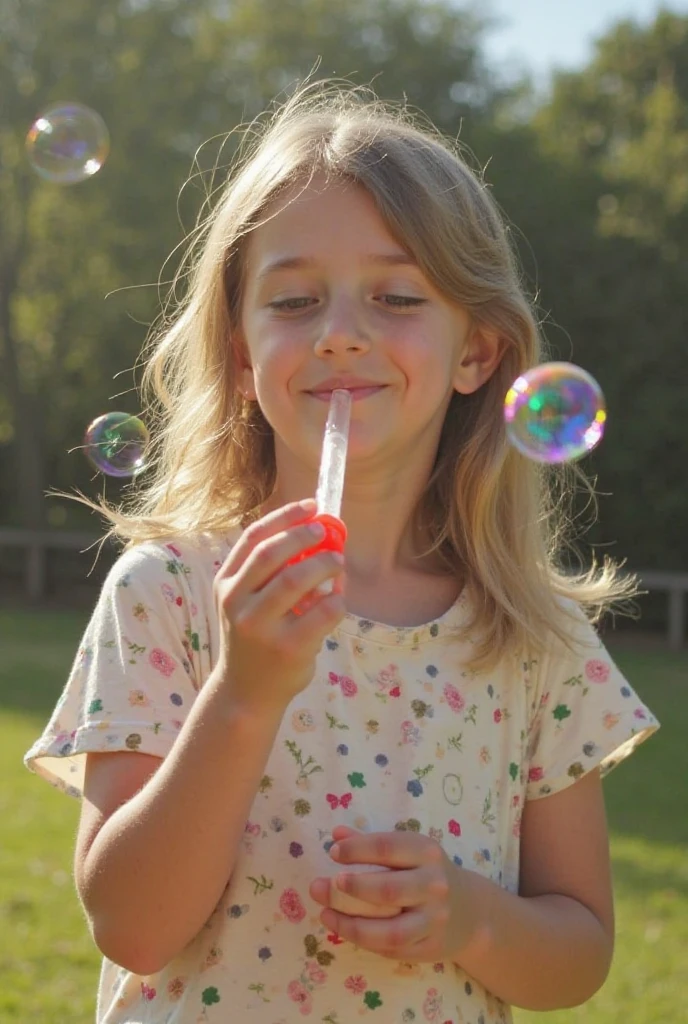 Photo for a post on a social network with a 4-year-old , who plays blowing bubbles