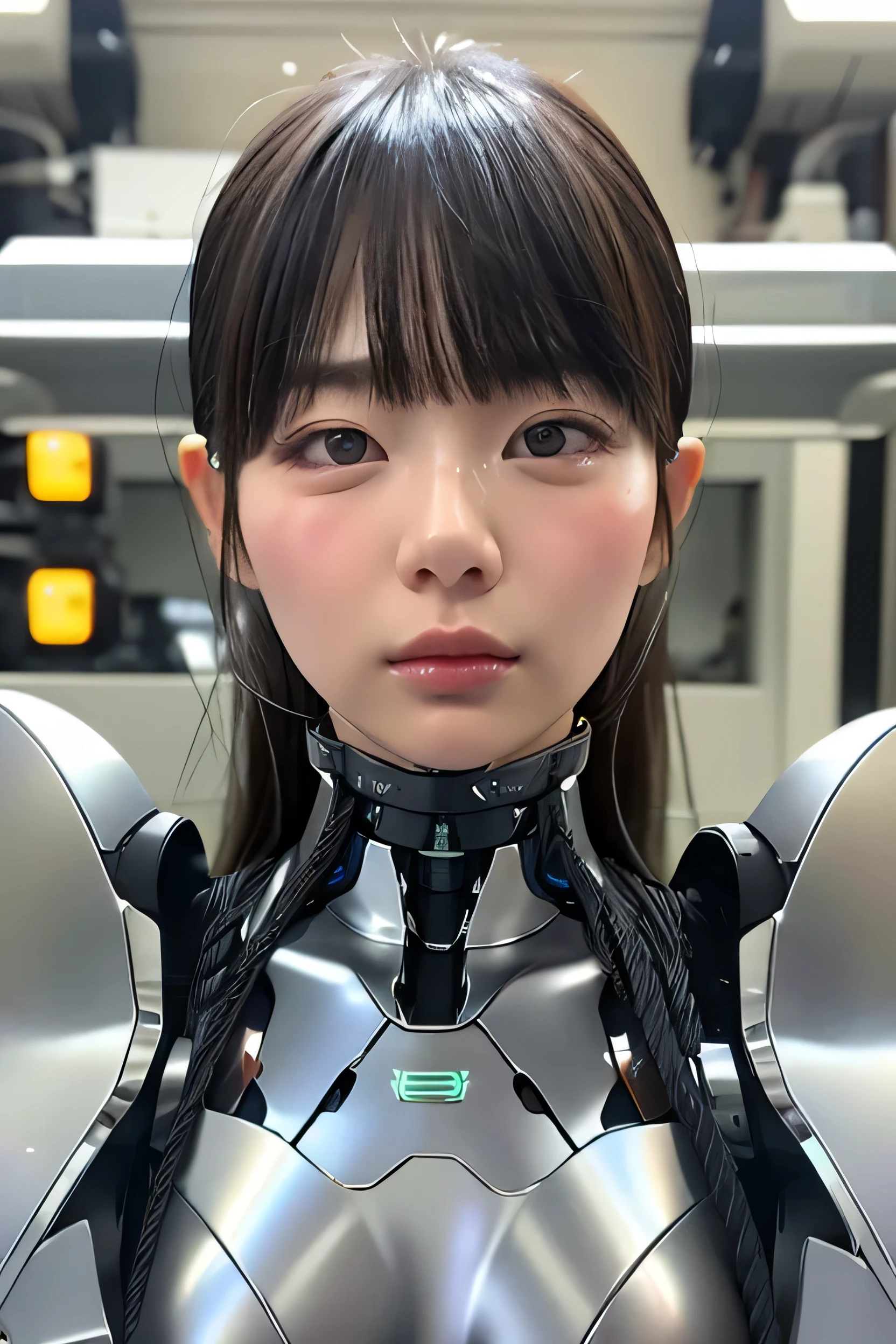 masterpiece, best quality, extremely detailed,portrait,upper body,front view,Japaese android girl,Plump, control panels,android,Droid,Mechanical Hand, Robot arms and legs,Blunt bangs,long tube,thick cable connected her neck,