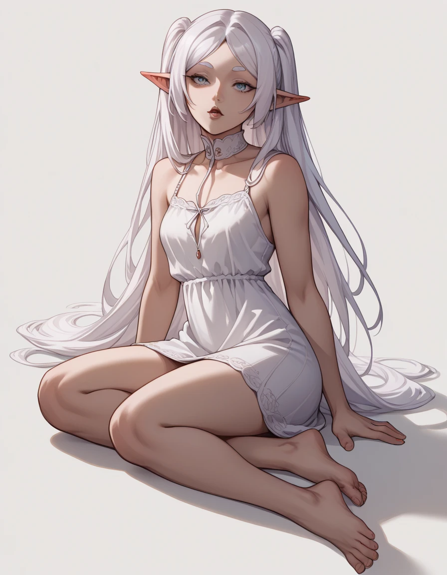 anime girl with long white hair sitting on the ground, elf girl, seductive anime girl, white haired deity, perfect white haired girl, relaxed dwarf with white hair, beautiful anime girl squatting, made with anime painter studio, , white haired, by Shitao, soft anime illustration, girl with white hair, beautiful alluring anime teen