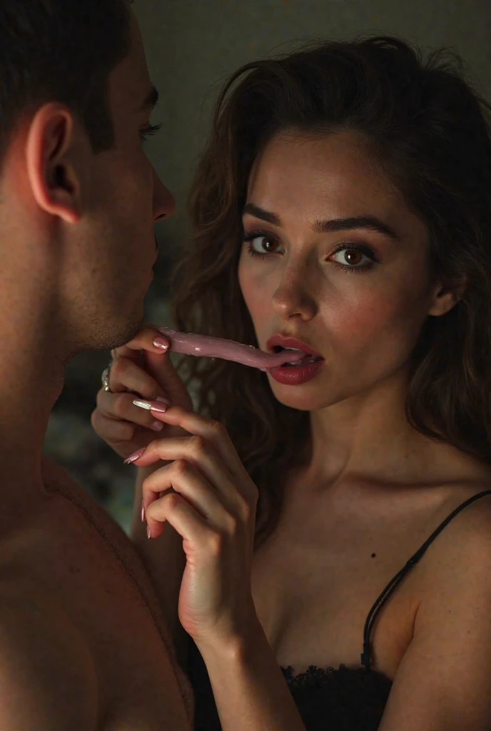 26 year old woman, instagram model Rachel Cook. Brown wavy hair, bright blue eyes , (realistic face, perfect eyes, perfect face:1.1),large breasts, naked, nude, white lace lingerie, dramatic lighting, night, sunrise, in the bed. 1boy, penis, paizuri. His penis between her breasts.