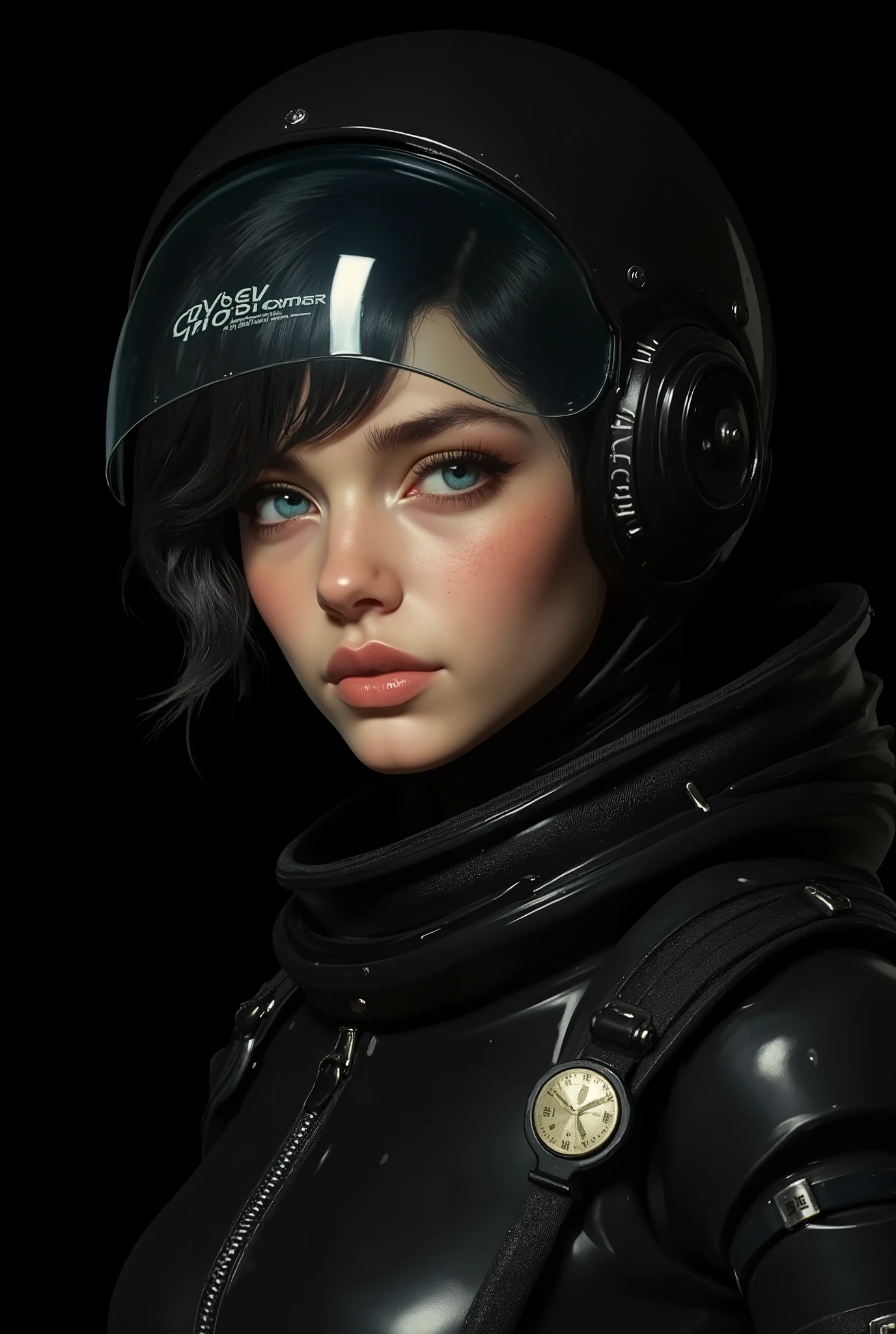 ((artwork, highest quality, highest image quality, high resolution, photorealistic, CRU photo, 8k)), (best quality, 4k, high resolution, masterpiece: 1.2), ultra detailed, (realistic, photorealistic: 1.37), ray traced. Best quality, masterpiece, pure black background image. (photorealistic: 1.4, extremely intricate: 1.3), (photon mapping, radiosity, physically based rendering, ultra resolution, hyperrealistic, photorealistic: 1.4, hyperrealistic, 8k), Notice: ((artwork, highest quality, highest image quality, high resolution, photorealistic, CRU photo, 8k)),(best quality, 4k, high resolution, masterpiece: 1.2), ultra detailed, (realistic, photorealistic: 1.37), ray traced. Best quality, masterpiece, pure black background image. ((artwork, highest quality, highest image quality, high resolution, photorealistic, CRU photo, 8k)), (best quality, 4k, high resolution, masterpiece: 1.2), ultra detailed, (realistic, photorealistic: 1.37), ray traced. Best quality, creates a beautiful girl, golden beauty, side view, low angle view, dressed as a futuristic astronaut, wearing a very advanced helmet with a transparent polymer visor that reflects holographic text. View of the face, black helmet with a lot of technological detail, the girl is beautiful, she has short black hair with gray, layered cut, very detailed light blue eyes, long eyelashes, thick, moist and half-open lips, skin with extreme detail, very detailed visor, with reflections. The girl looks at the camera with her helmet out of the corner of her eye and smiles shyly. Black background ideal for wallpaper.