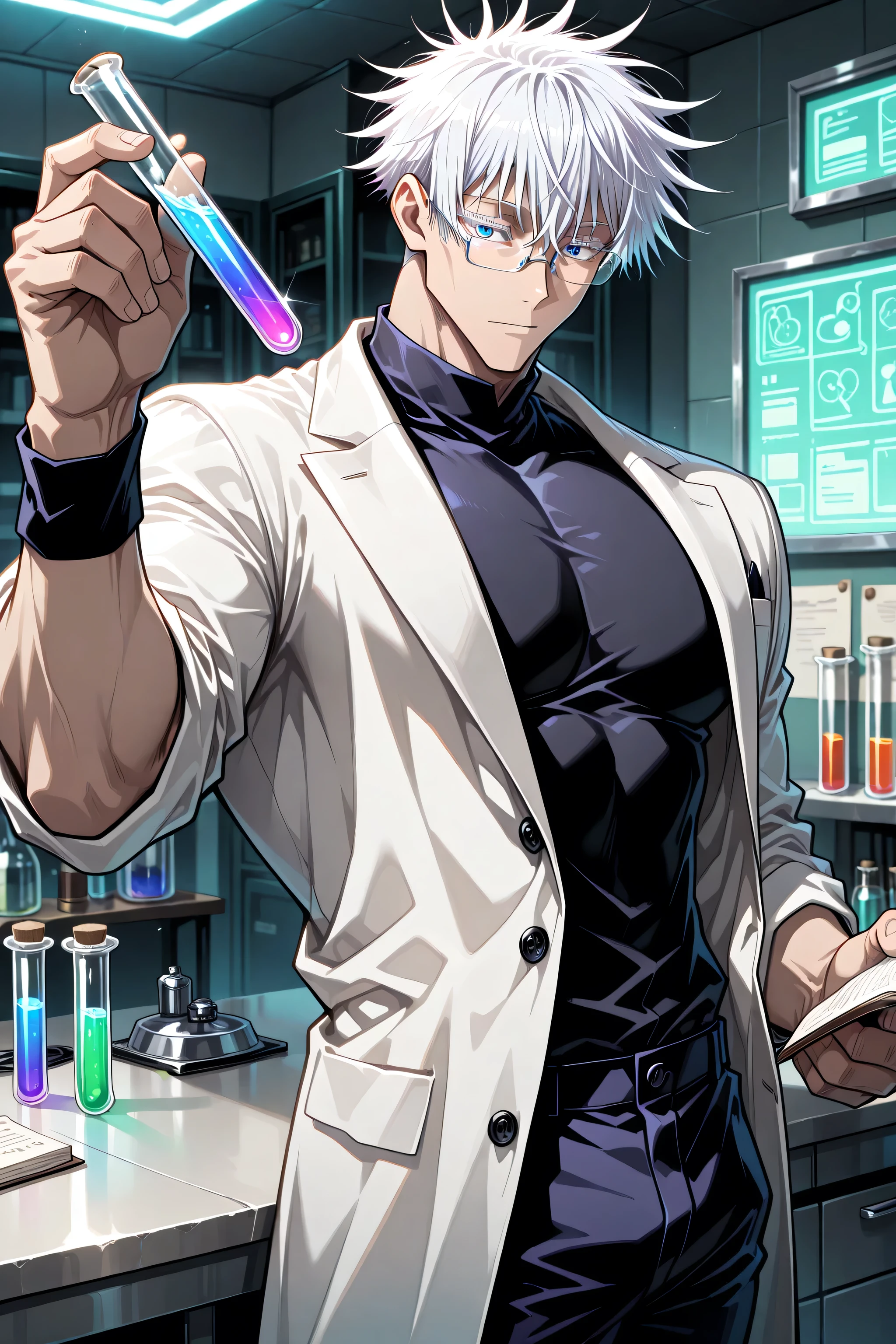(Masterpiece, best quality), amazing quality, very aesthetic, absurd, high definition, latest, perfect anatomy, perfect hands, HDR, 8K, intrinsic light, anime reference, anime coloring, anime screen capture of jujutsu kaisen, dynamic, from front, cowboy shot, 1man, solo, male focus, gojo satoru /(jujustu kaisen/), detailed eyes, blue eyes, white hair, short hair, detailed eyelashes, white eyelashes, (muscular), sexy man, handsome, glasses, professor, scientist, professors coat, long white coat, black tshirt, black pants, holding a test tube in the air, looking at the test tube, looking at the object, in the test tube a dangerous looking liquid, In a mysterious laboratory