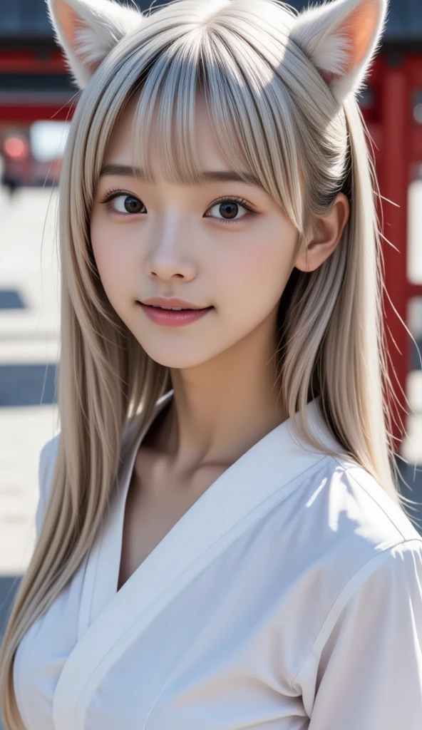 masutepiece, Best Quality, Ultra-detailed, Illustration, close-up, Show your teeth with a smile, straight on, Face Focus, 1girl in, nakeness, White hair, Golden Eyes, Long hair, Halo, serene expressions, Looking at Viewer
