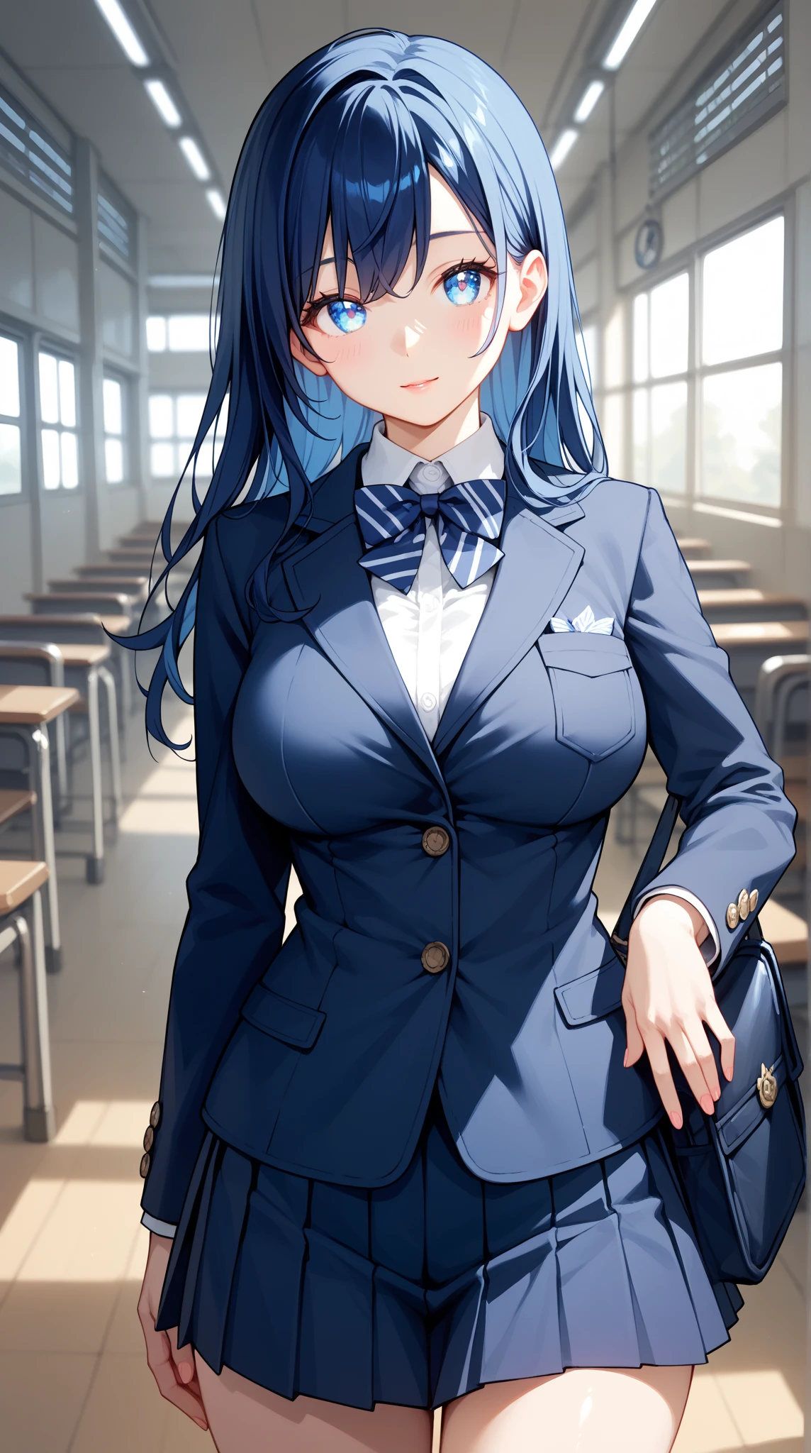 masterpiece, best quality, ultra-detailed, illustration, colorful, falt color, depth of field, lens flare, 1girl, hoshimachi suisei, anime, sitting, blue hair, looking at viewer, school, classroom, pantyhose, blue lingerie, black pantyhose, detailed skin texture, detailed cloth texture, beautiful detailed face
