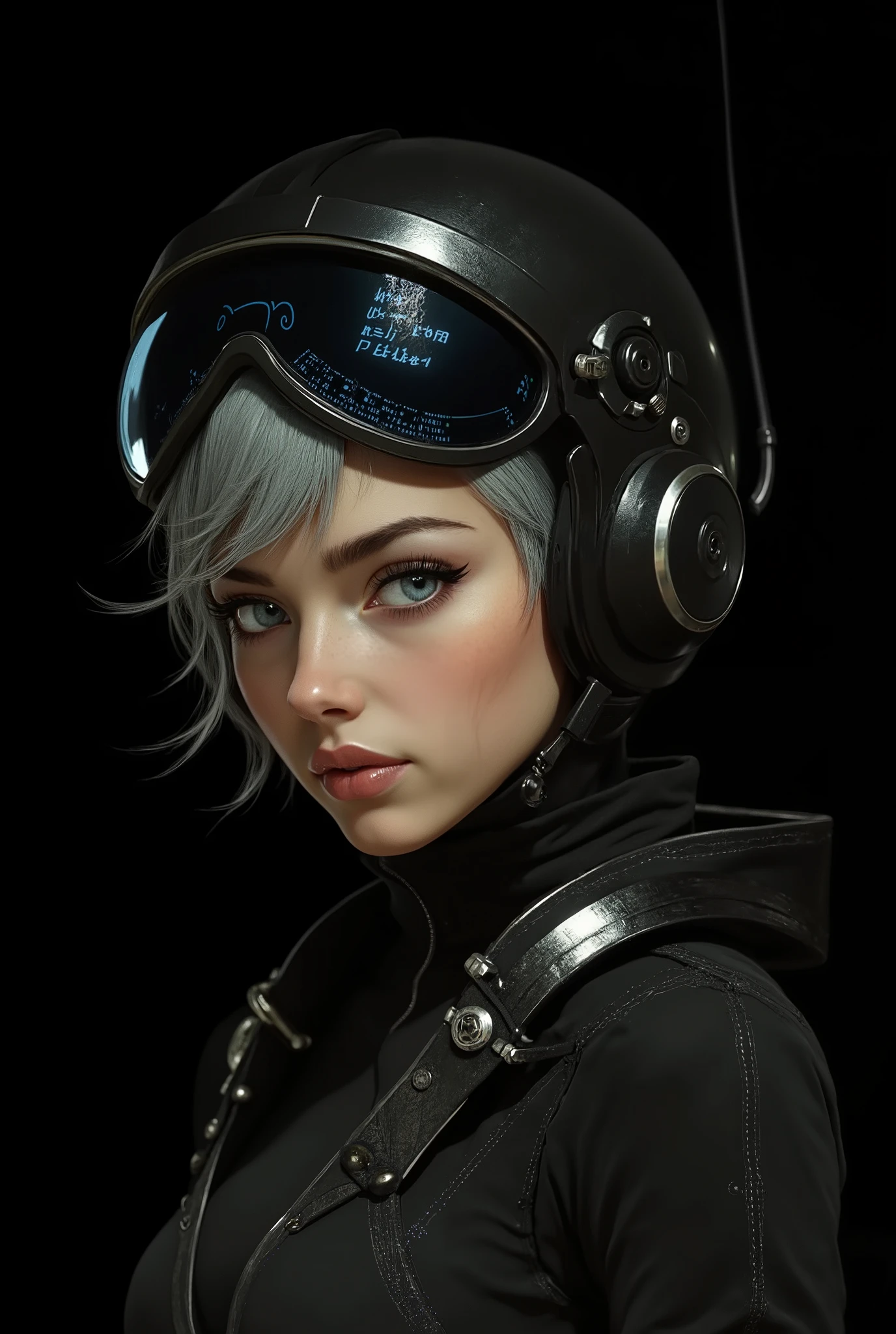 ((artwork, highest quality, highest image quality, high resolution, photorealistic, CRU photo, 8k)), (best quality, 4k, high resolution, masterpiece: 1.2), ultra detailed, (realistic, photorealistic: 1.37), ray traced. Best quality, masterpiece, pure black background image. (photorealistic: 1.4, extremely intricate: 1.3), (photon mapping, radiosity, physically based rendering, ultra resolution, hyperrealistic, photorealistic: 1.4, hyperrealistic, 8k), Notice: ((artwork, highest quality, highest image quality, high resolution, photorealistic, CRU photo, 8k)),(best quality, 4k, high resolution, masterpiece: 1.2), ultra detailed, (realistic, photorealistic: 1.37), ray traced. Best quality, masterpiece, pure black background image. ((artwork, highest quality, highest image quality, high resolution, photorealistic, CRU photo, 8k)), (best quality, 4k, high resolution, masterpiece: 1.2), ultra detailed, (realistic, photorealistic: 1.37), ray traced. Best quality, creates a beautiful girl, golden beauty, side view, low angle view, dressed as a futuristic astronaut, wearing a very advanced helmet with a transparent polymer visor that reflects holographic text. View of the face, black helmet with a lot of technological detail, the girl is beautiful, she has short black hair with gray, layered cut, very detailed light blue eyes, long eyelashes, thick, moist and half-open lips, skin with extreme detail, very detailed visor, with reflections. The girl looks at the camera with her helmet out of the corner of her eye and smiles shyly. Black background ideal for wallpaper.