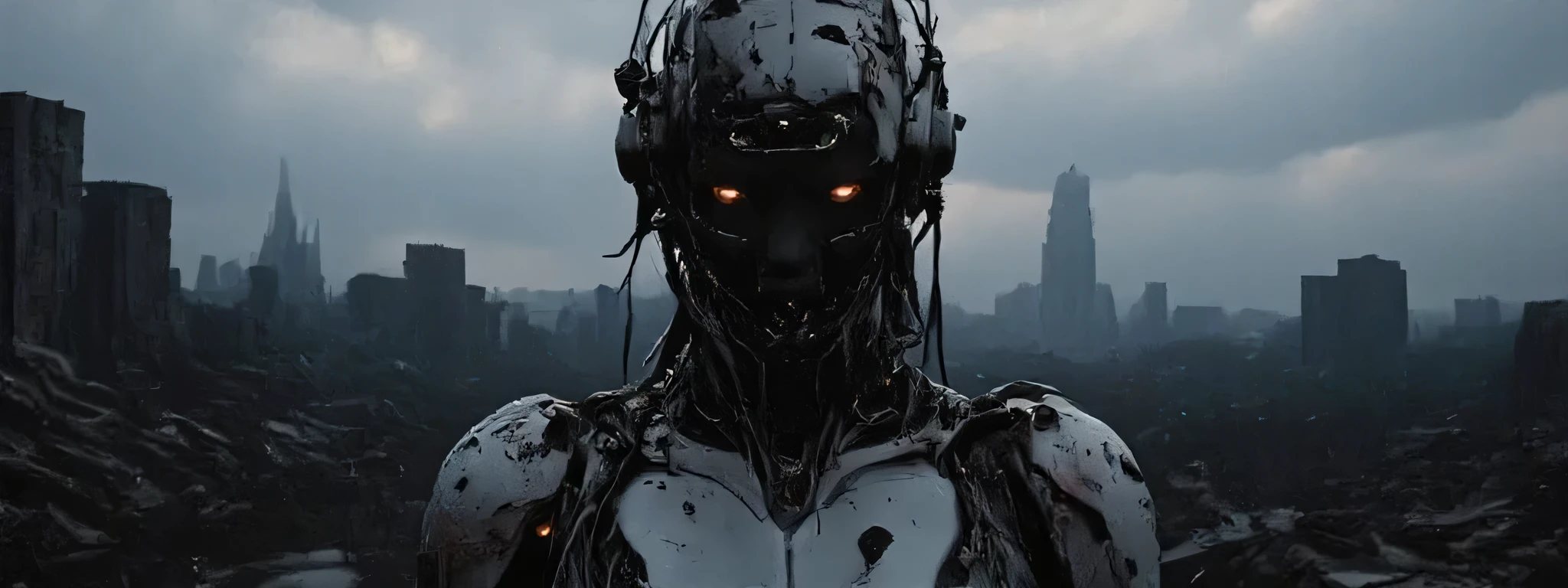 A biopunk woman stalks the ruins of a bombed city far below. She is half machine, half woman, is heavily battle damaged, the areas that are still skin bloody and sweating. The lighting is very dark, the subtle LED of her armor casting shadows that accentuate the contours and mechanical details. The background is a bombed city in the distance, creating a quiet yet powerful atmosphere. The shooting angle is close, with a sense of death due to shadow play and the positioning of mechanical elements. The overall composition and technical execution present a seamless blend of organic and technological features, evoking themes of future, integration, and identity. 8k super hd, uhd (full body:2)