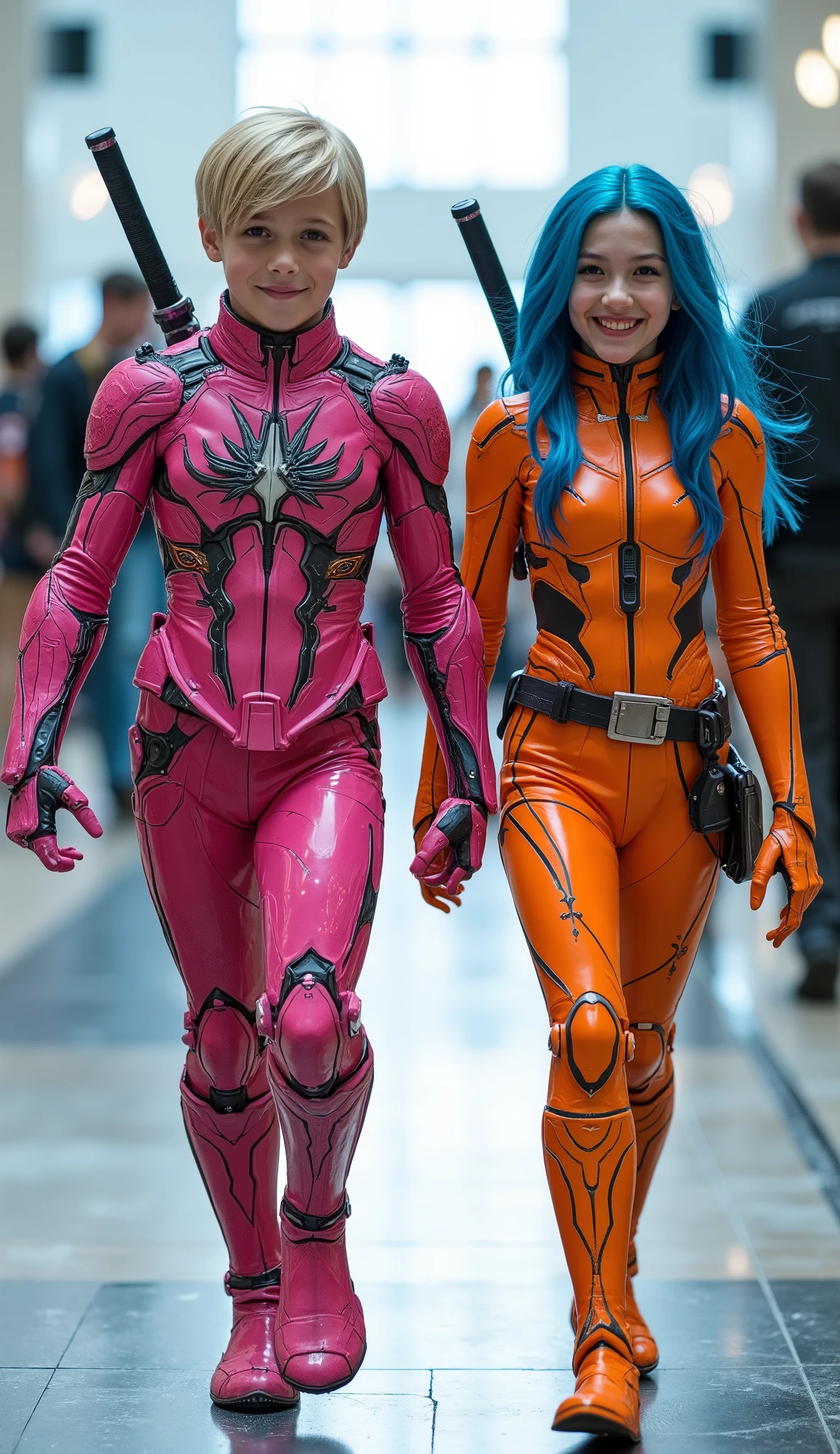 character: oung boy blonde hair. oung girl blue Hair. They have Europe faces. Two swords on the back.
action: Walk straight and look straight ahead.
Expression : smiling.
Costume : they Wearing futuristik pink venom with orange gundam armor. Each of them has two katana swords on their backs.
Background : A bright indoor public space , with people vaguely seen in the distance, shows that this picture was taken at a fun event or get-together, maybe a convention or costume . They radiate happiness as they walk confidently in their superhero costumes. Show the whole body.