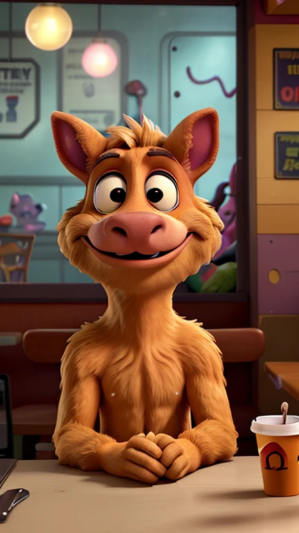 "ALF, the furry alien from the 80s sitcom, sitting at a table in a fast-food restaurant, looking desperate and hungry. His eyes are wide open, and he's holding a menu that says 'NO CATS ALLOWED!' with a shocked expression."