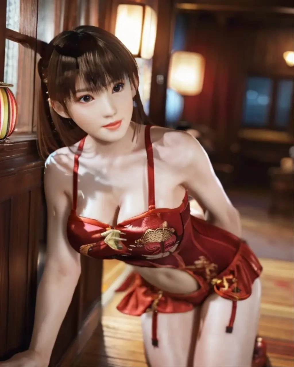 high resolution, adult woman , good lighting, despicable, , (no nudity), (((chinese dress))), (()), ((())), (garter belt), just abdomen, (), , cute face, yo'I'm embarrassed and blushed, humiliating, ((Turn around and look back)), ((transparentes))()(T-back)(a large amount is in the body,)