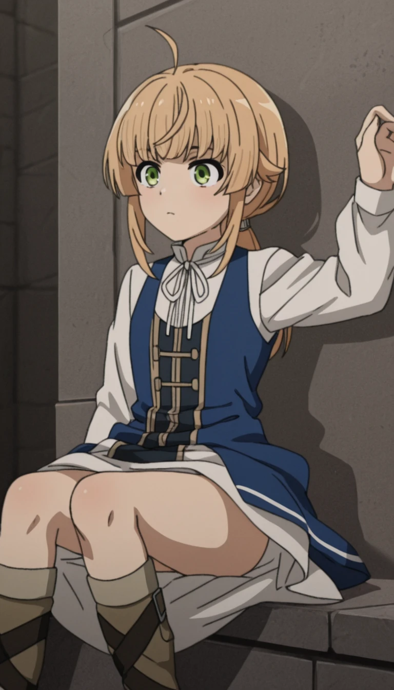 blue dress, white ribbon, white sleeves, long sleeves, White shirt, norn black shirt_gray rat,hits, by rubio,wide,Yellow green eyes,He drowned,Side locks,blunt hits hair flaps,low ponytail, score_9, score_8_above, score_7_above, score_6_above, score_5_above, score_4_above, BREAK,1 girl in full growth, Best Quality, Masterpiece, ultra detailed, high quality,Good quality,1 girl,(Masterpiece,high resolution, ultra detailed,8k,16k),look at the viewer, inside, on side, blush, Alone, dutch angle, turn to the viewer, cowboy shot, bewitching thighs, brown boots, white socks, Thighs, low angle, white panties, secret filming, crotch shot, turn your back, embarrassed face