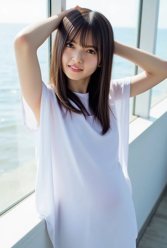 (8k),(masterpiece),(Japanese),(),((Innocent look)),((Childish)),from the front,smile,cute,Innocent,Kind eyes,Plain T-shirt,Short sleeve,Blue checked short skirt,,Straight Hair,Hair blowing in the wind,Black Hair,Somewhat strong wind,noon,bright