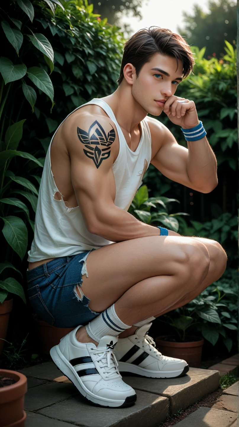 (8K, RAW photo, Highest quality) masterpiece, 1 young boy, 18 years old, Asian muscular man Look at viewer, standing forward, showing his huge muscular breasts, puffy nipples, sexy six packs, narrow waist, Handsome, Topless, Thick body hair, man wearing thong underwear , butterflies on his body, butterflies flying through the air, gradient background, Sparkle & Sequin Backdrops , cinematic lighting, UHD