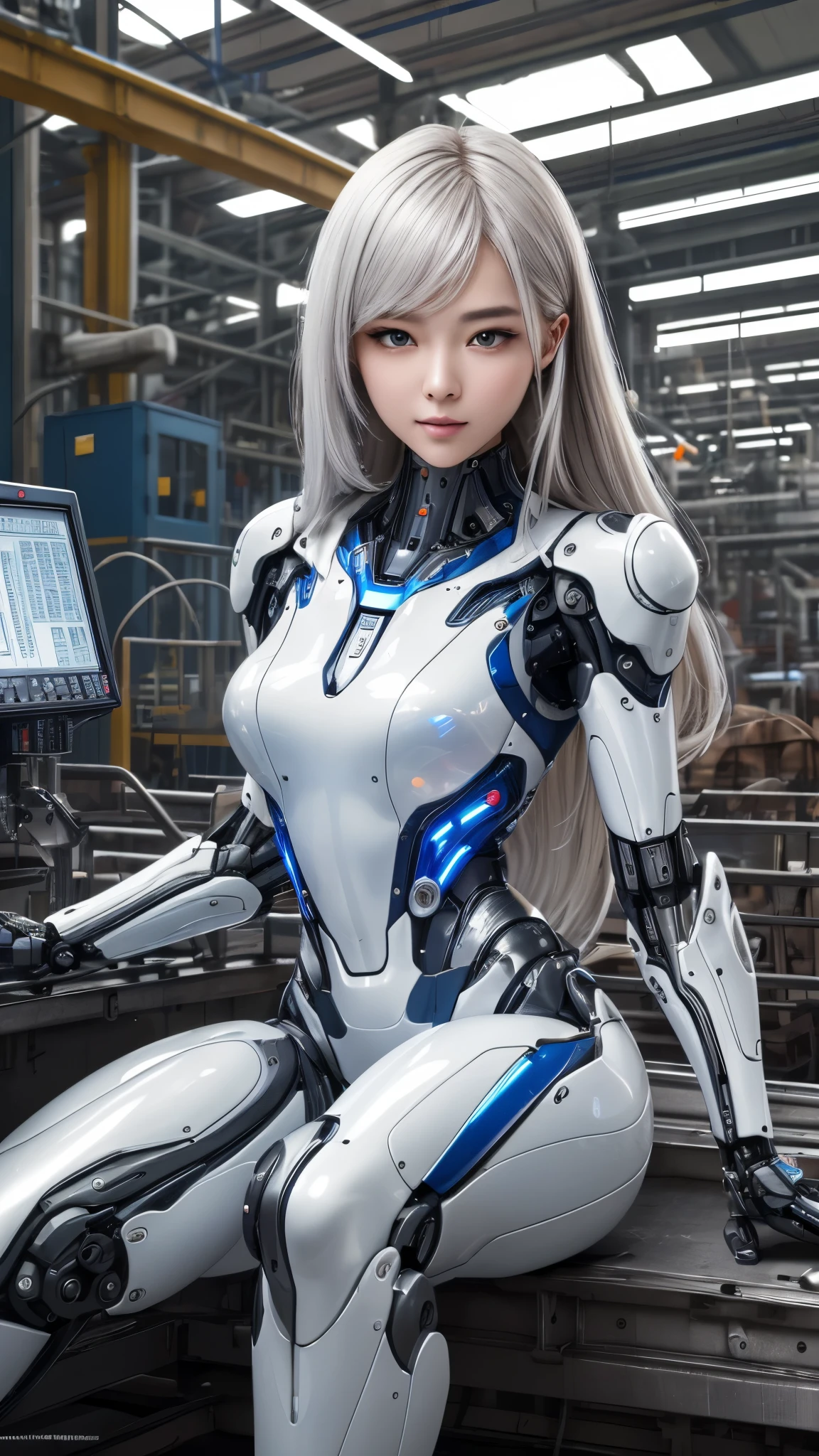 (((masterpiece))), photo Realism, (top Quality, High Quality, top resolution, high resolution), ultra detailed, high detailed, Beautiful robot woman, (Beautiful white Silky smooth face), extraordinary korean idol and mixed face, Beautiful round Curvy face, (perfect proportion symmetry clear face), (Beautiful detailed glossy generous mouthful:1.3), blue lighting clear eyes, model figure, long hair, mechanical futuristic fortified suit, frame of perfect machine cylinder, complete parts, machine parts, wiring, robot long legs, (factory:1.5), cowboy shot, sit at a industrial machinery