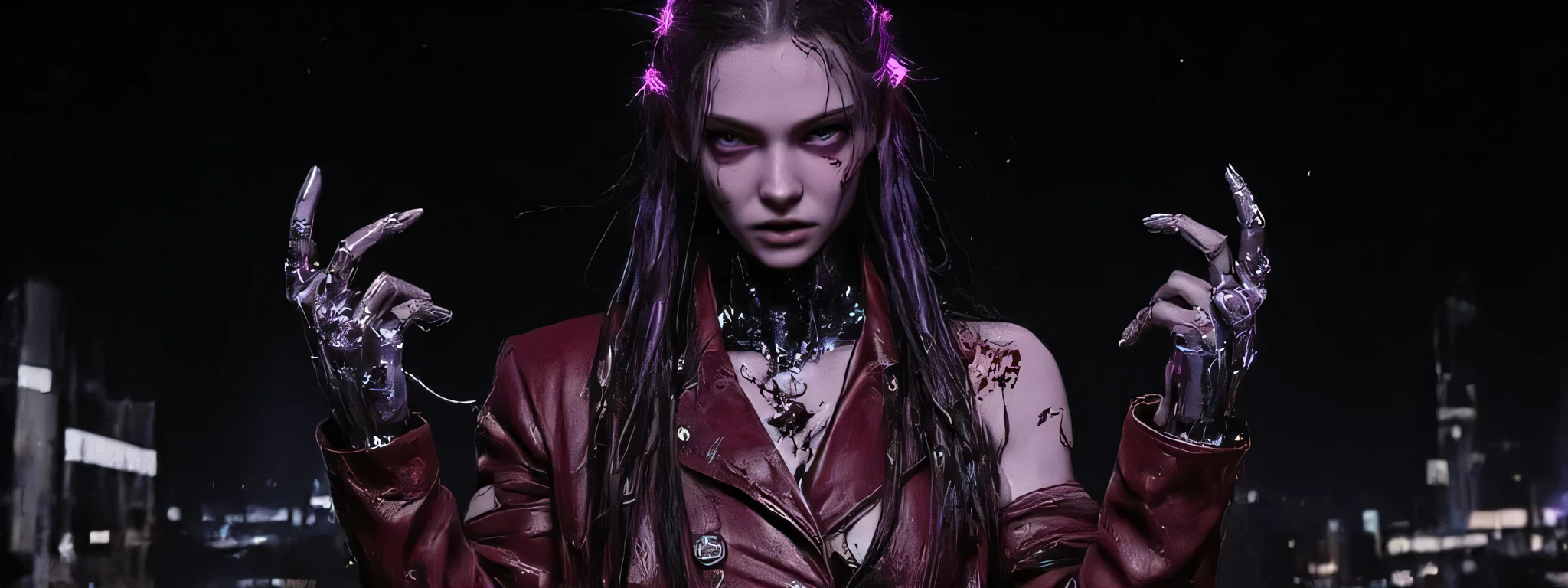The image depicts a post-apocalyptic and artistic representation of a full body android with an intriguing blend of organic and mechanical elements. She is severely injured, bleeding from cuts and scrapes and a gunshot wound to her shoulder. Her expression is determined and grim, adding to a sense of power in the image. She has purple dreadlocks with neon purple lights at the tips. The clothing is crimson red leather and metallic. It is dusty and smashed and broken, revealing glimpses of skin and under armor. The lighting is very dark, the lights of her armor creating highlights on the reflective surfaces and casting subtle shadows that accentuate the contours and mechanical details. The background is dark, the silhouette of a bombed city in the distant background, creating a quiet yet powerful atmosphere. The shooting angle is elevated, with a sense of depth due to shadow play and the positioning of mechanical elements. The overall composition and technical execution present a seamless blend of organic and technological features, evoking themes of future, integration, and identity. 8k super hd, uhd (full body:2)