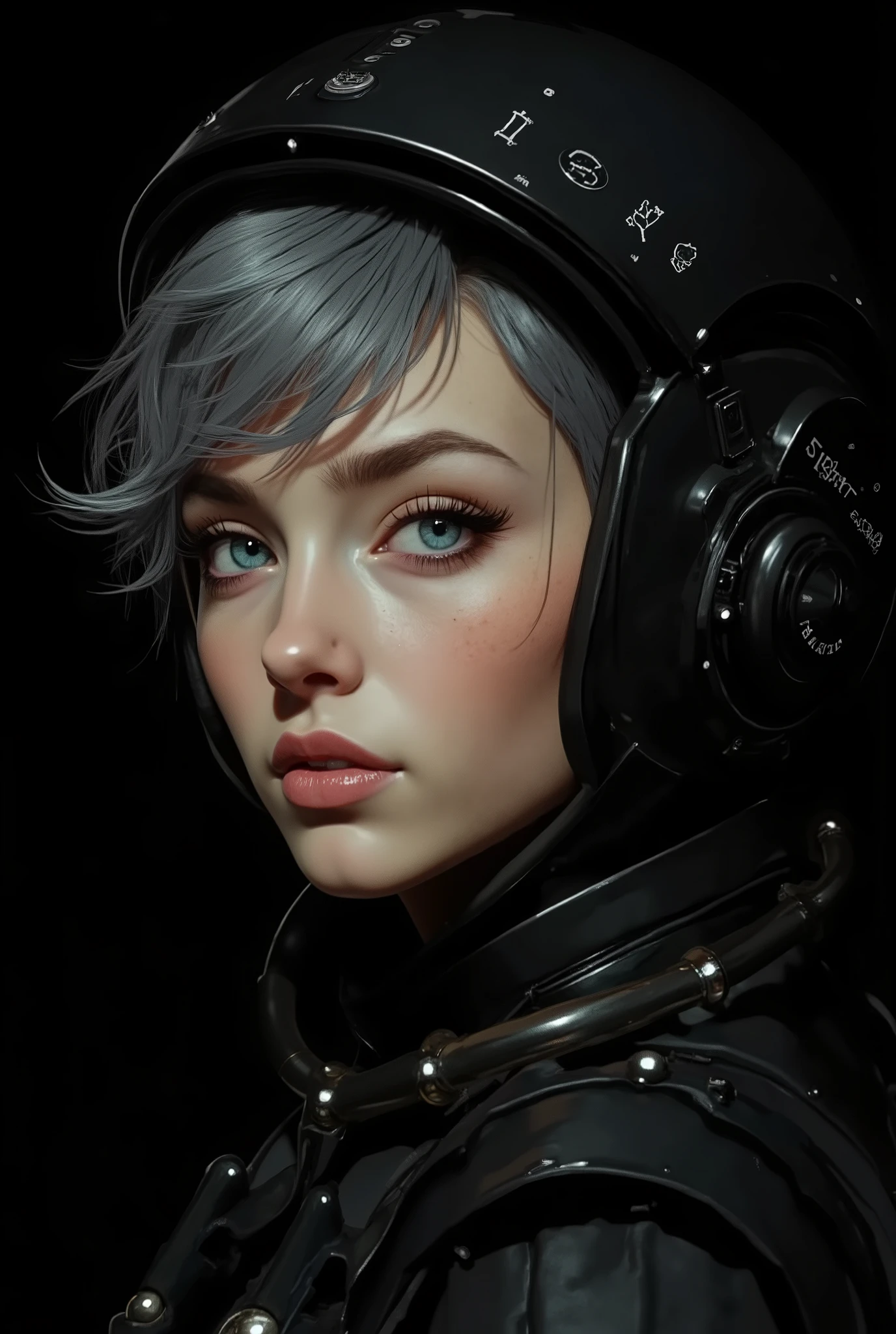((artwork, highest quality, highest image quality, high resolution, photorealistic, CRU photo, 8k)), (best quality, 4k, high resolution, masterpiece: 1.2), ultra detailed, (realistic, photorealistic: 1.37), ray traced. Best quality, masterpiece, pure black background image. (photorealistic: 1.4, extremely intricate: 1.3), (photon mapping, radiosity, physically based rendering, ultra resolution, hyperrealistic, photorealistic: 1.4, hyperrealistic, 8k), Notice: ((artwork, highest quality, highest image quality, high resolution, photorealistic, CRU photo, 8k)),(best quality, 4k, high resolution, masterpiece: 1.2), ultra detailed, (realistic, photorealistic: 1.37), ray traced. Best quality, masterpiece, pure black background image. ((artwork, highest quality, highest image quality, high resolution, photorealistic, CRU photo, 8k)), (best quality, 4k, high resolution, masterpiece: 1.2), ultra detailed, (realistic, photorealistic: 1.37), ray traced. Best quality, creates a beautiful girl, golden beauty, side view, low angle view, dressed as a futuristic astronaut, wearing a very advanced helmet with a transparent polymer visor that reflects holographic text. View of the face, black helmet with a lot of technological detail, the girl is beautiful, she has short black hair with gray, layered cut, very detailed light blue eyes, long eyelashes, thick, moist and half-open lips, skin with extreme detail, very detailed visor, with reflections. The girl looks at the camera with her helmet out of the corner of her eye and smiles shyly. Black background ideal for wallpaper.
