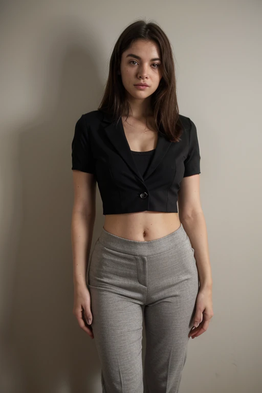 Highest quality、Ultra-high resolution、Professional Lighting、Detailed Background、workroom、full body,Kobeni-chan、A sloppy smile、25-year-old woman、beautiful girl、(Kobeni-chan、Jet black hair, Black Hair, bangs, One-sided hair,)、(Red Hair Clip:1.1)、(Black tank top:1.2)+(Black tie:1.2)+(black long pants for work:1.2)、(Huge breasts that look like they might burst:1.2)、(Big thighs:1.1)、Are standing、Model pose