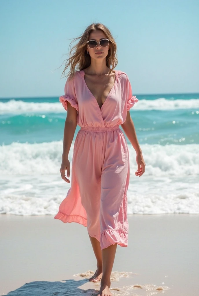 Generate a women's pic wearing pink kurta and standing in front of beach and her nipples are visible and her face expression is sexy and she is beautiful and also her boobs size is medium large shaved and white skin colour