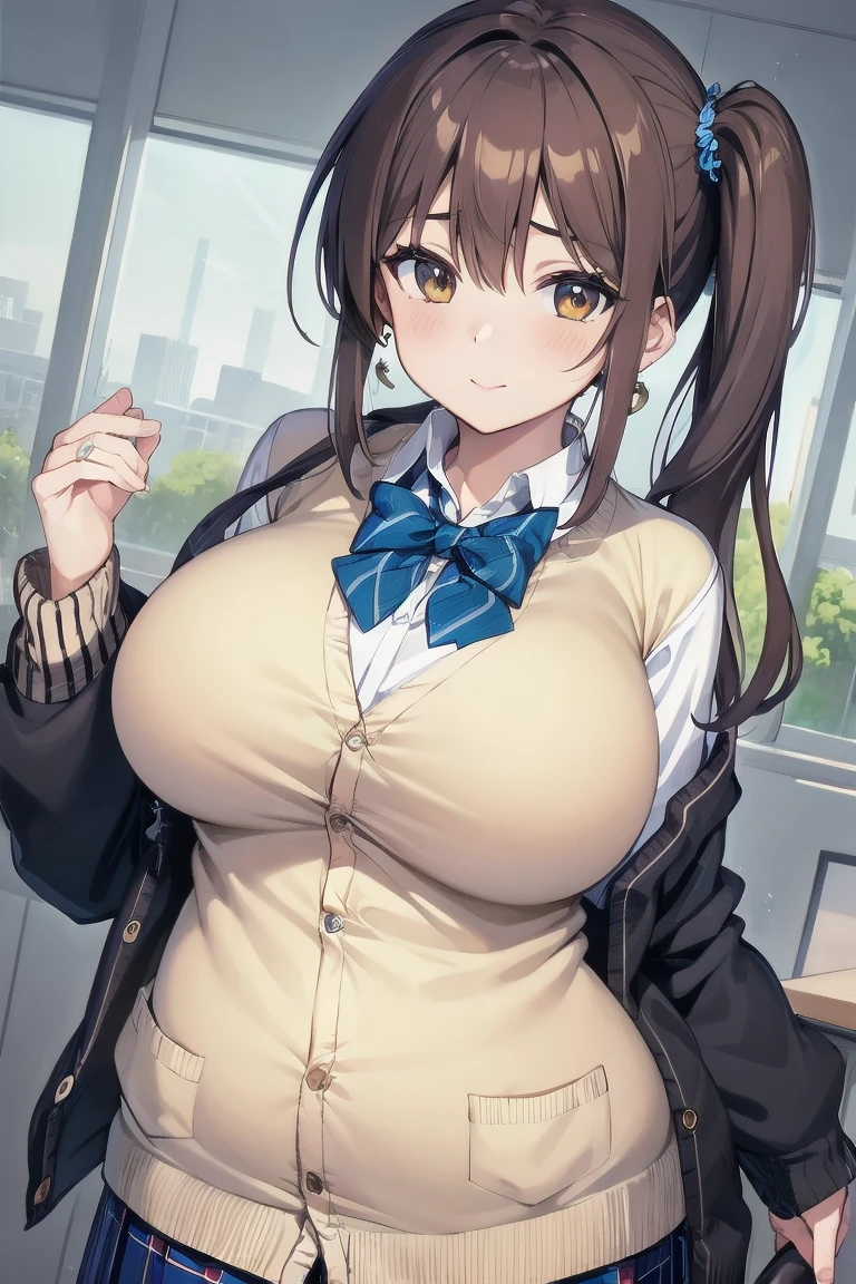 masterpiece, best quality, very aesthetic, absurdres, 1girl, mature_lady, embarrassed, pov_hands grabbing breasts, upper body,,Mikan Yuuki, brown eyes, brown hair, hair ornament,long hair,green plaid skirt, sainan high school uniform, school uniform, white shirt, yellow sweater vest,on the rooftop of a tall building,floating_hair