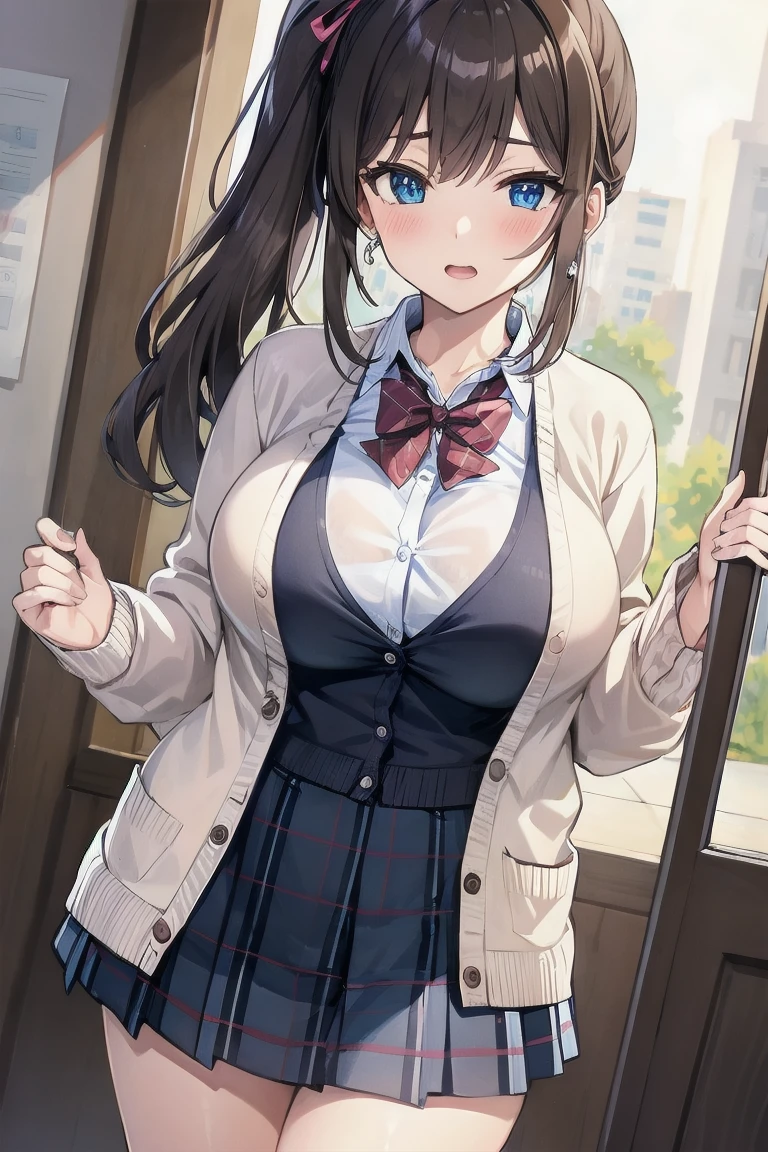 Ruan mei, big breast, wearing cardigan and skirt uniform