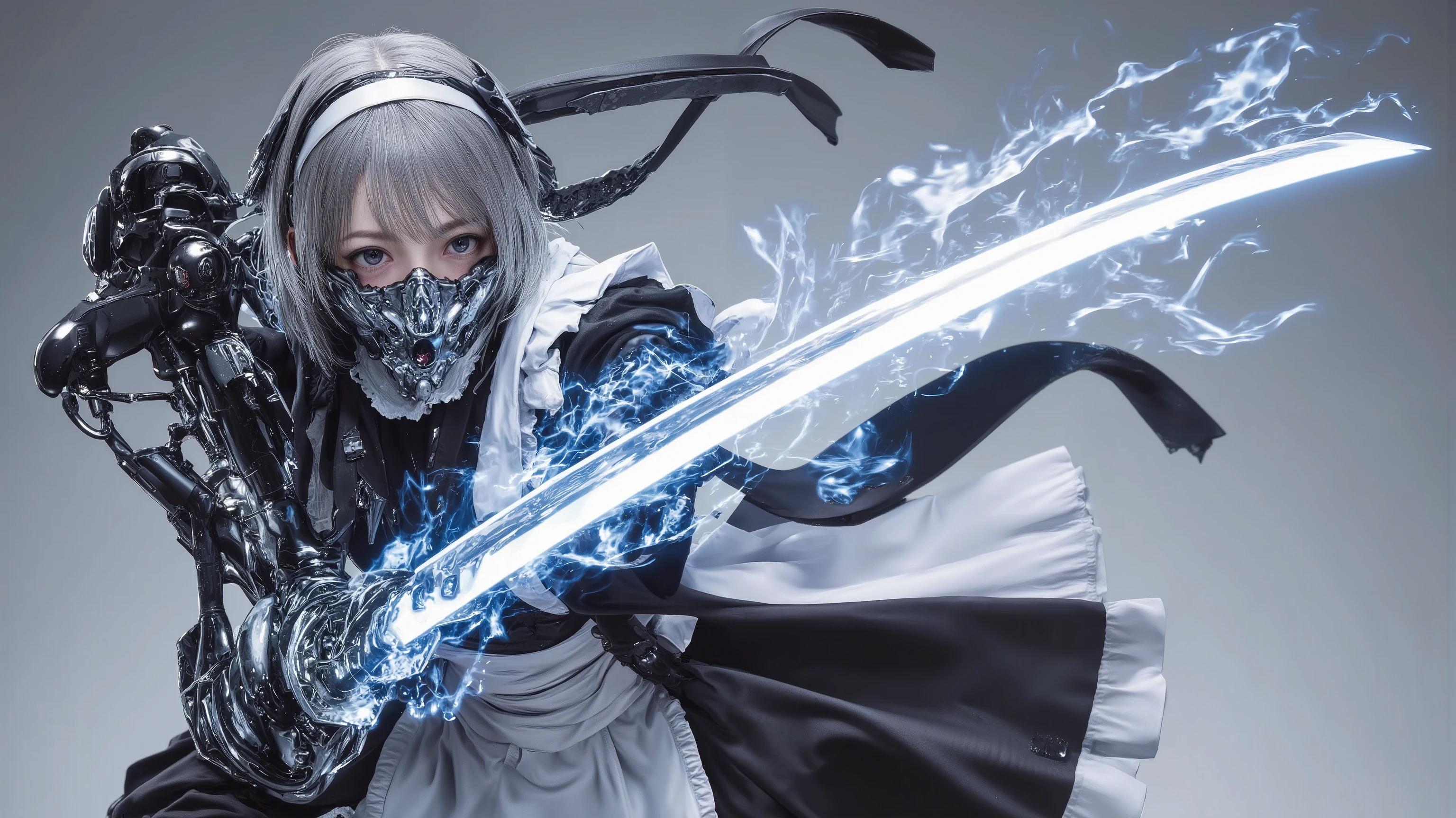 best quality masterpiece high definition masterpiece Gray Hair dark eyes maid type android battle type Shining Great Sword fight, sword fight, motion blur on the face