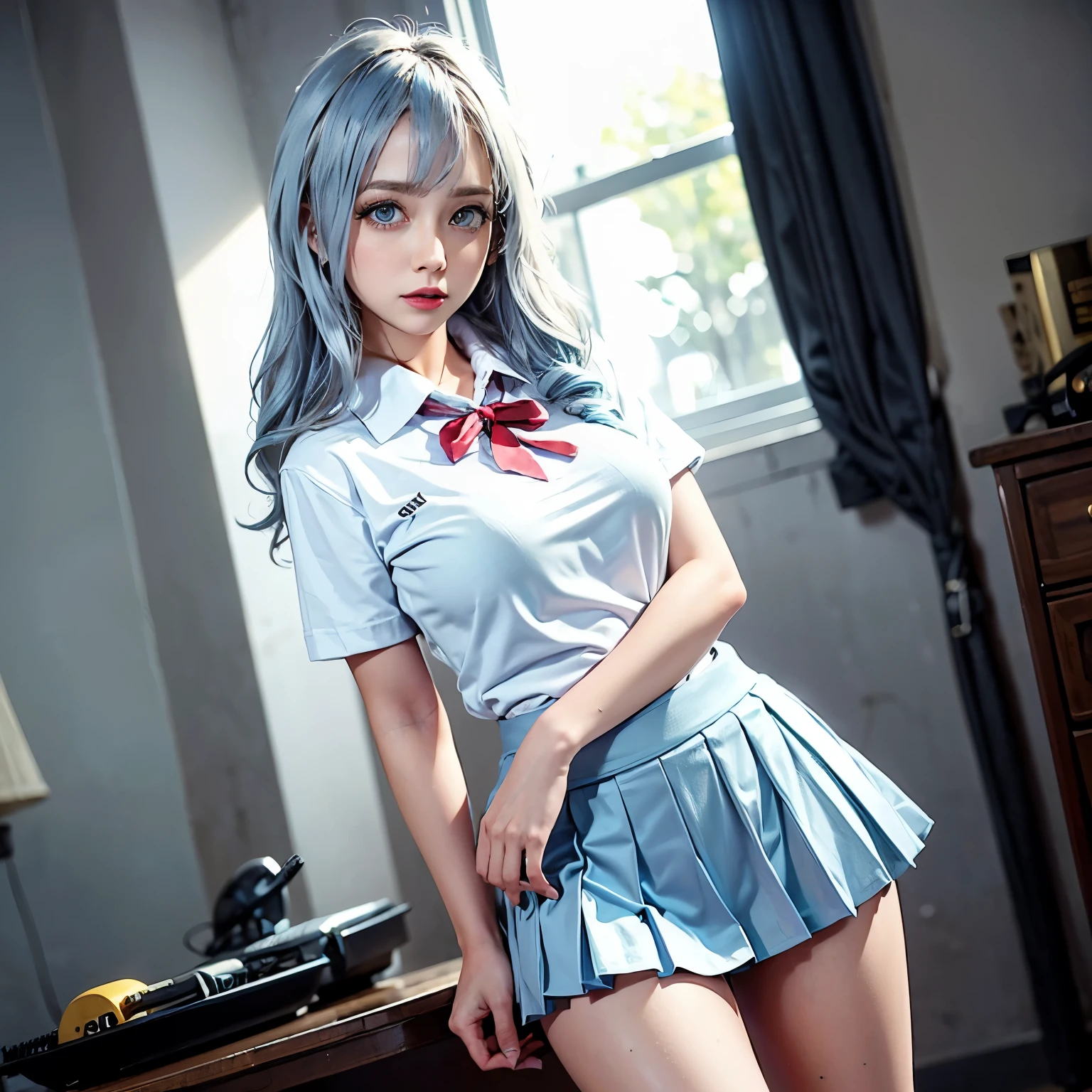 Arya, 1个Giant Breast Girl, Alone, long whitr hair, eBlue eyes, ahoge, the bow, looking at viewert, red the bow, jaket, the bowtie, longer sleeves, , The shirt, open jaket, red the bowtie, doors, cow boy shot, collared The shirt, indoorss, 校服, White hair, Permanent, Open your clothes, a skirt, By bangs, a skirt, grey jaket, black a skirt, Be red in the face, pleated a skirt, Open, medium , pleated a skirt, white The shirt, hair between eye, white jaket, Raise Hand, blazer jacket, black a skirt, upper legs, open doors, doors厅