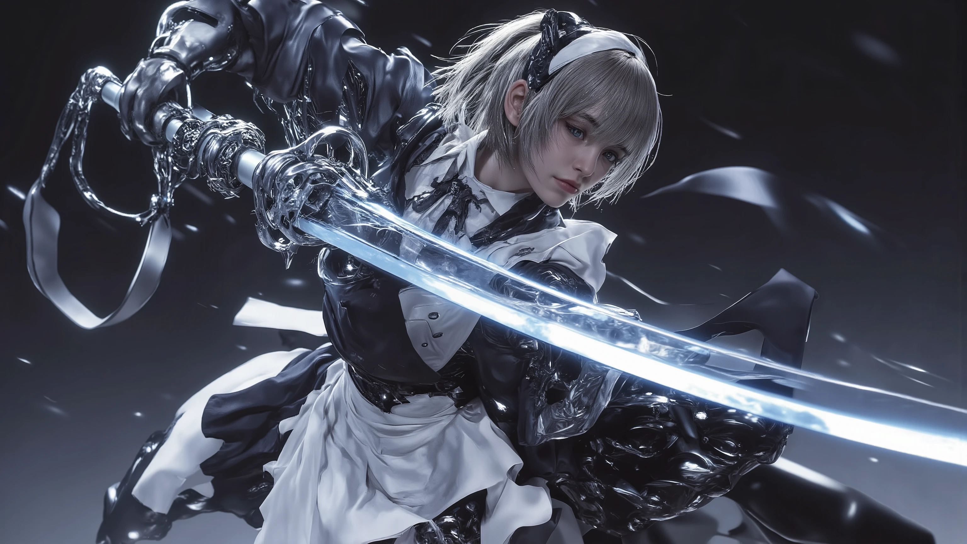 best quality masterpiece high definition masterpiece Gray Hair dark eyes maid type android battle type Shining Great Sword fight, sword fight, motion blur on the face