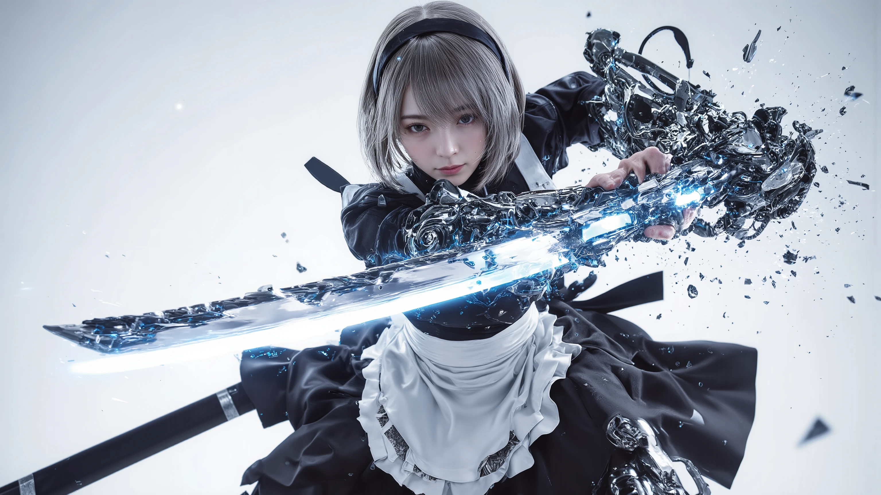 best quality　masterpiece　high definition　masterpiece　Gray Hair　 dark eyes　 maid type android　battle type　Shining Great Sword　fight, sword fight, motion blur on the face