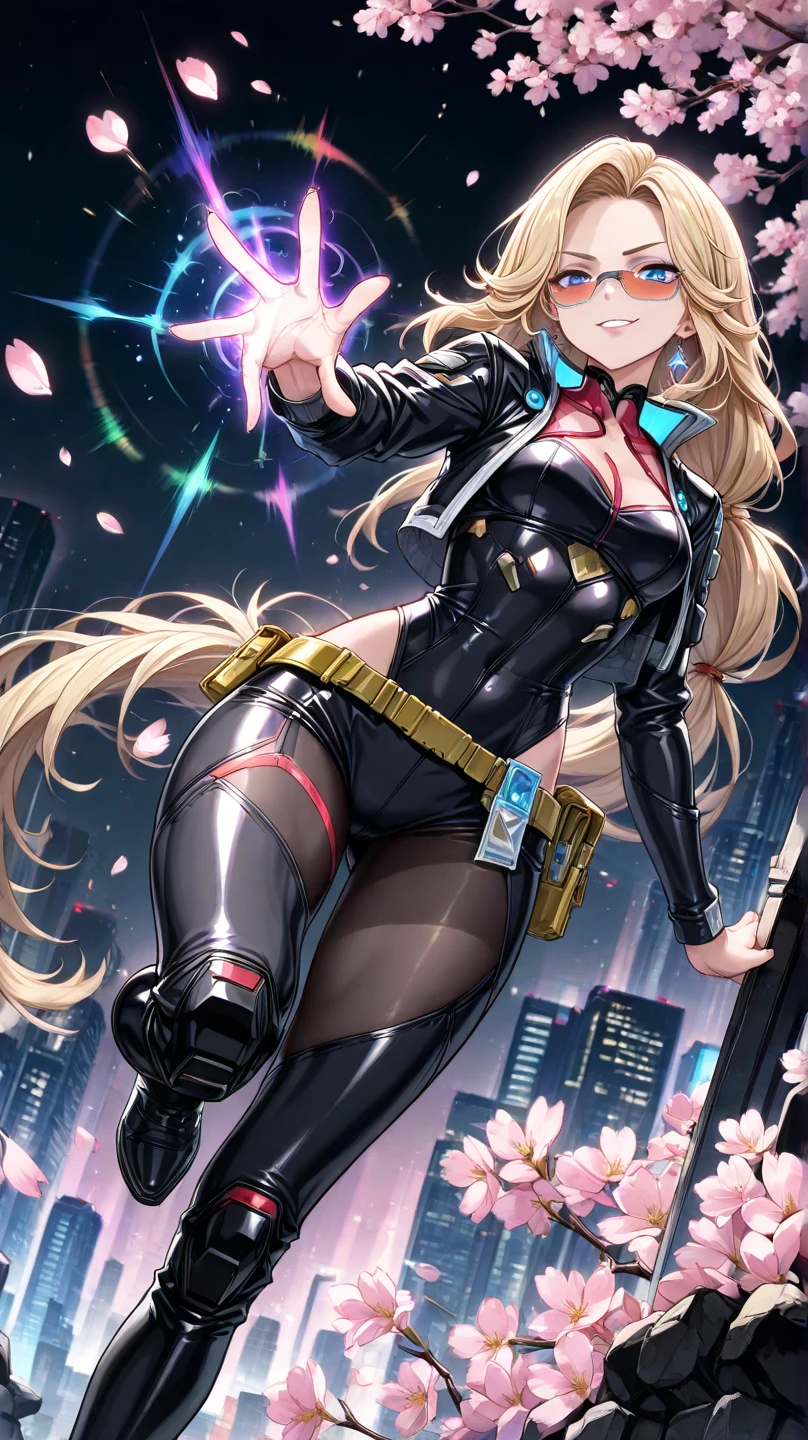 1girl, medium breasts, leotard, bare legs, tight belt, boots, gloves, city backdrop, solo, single, raised arms, flying, straight pose, energy emitting from her body, full body shot, cowboy shot, superpower