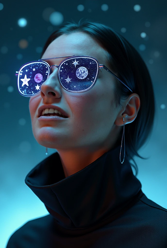 There's a woman in 4K sunglasses, realistic, lots of detail, there's a girl on the moon, she's an astronaut, galaxy theme, soft clothes, long hair, wearing astronaut clothes