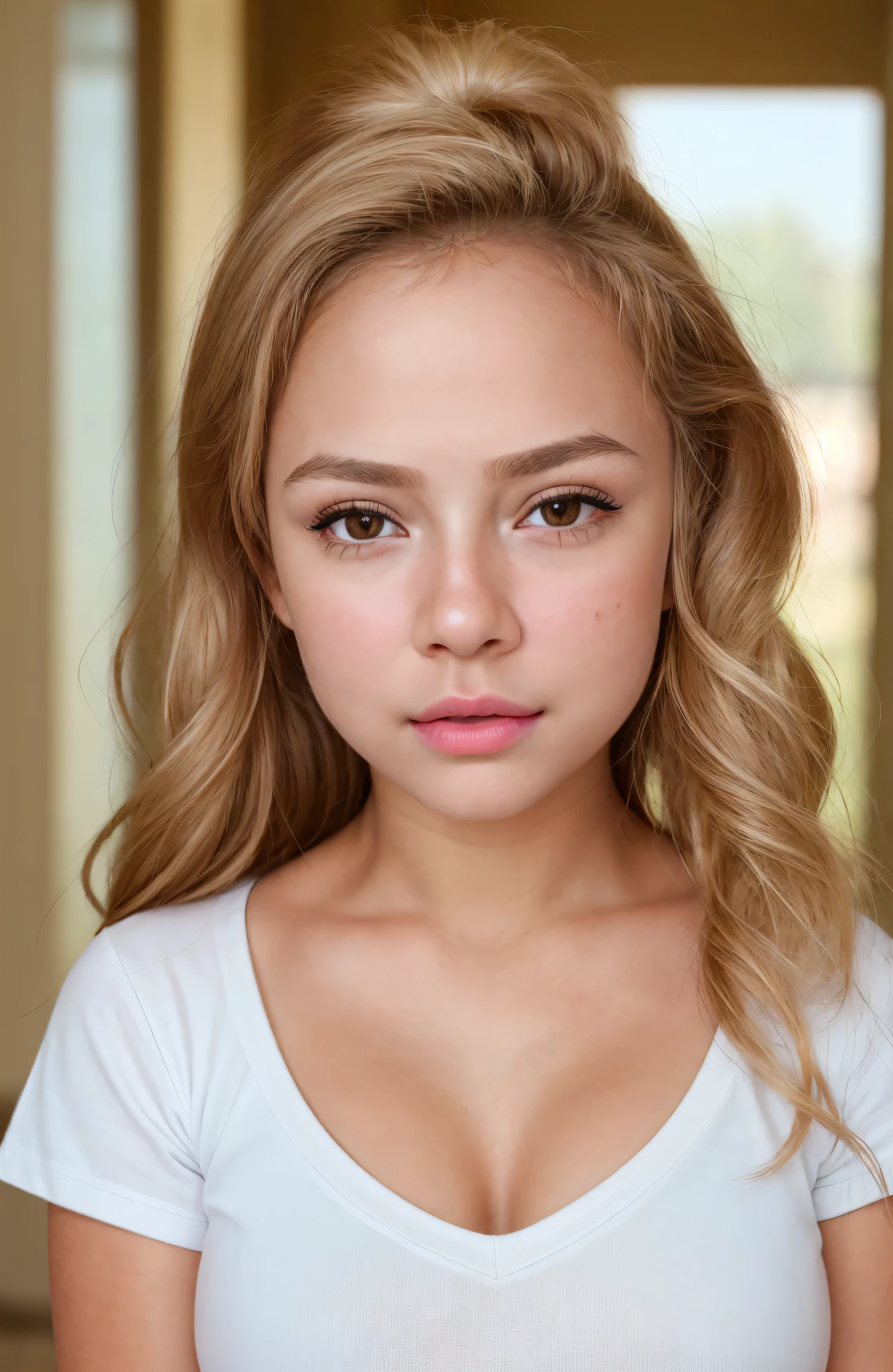 ((16k photo, RAW photo,hi best quality, ultra real, photorealistic:4K)), (intricate details, masterpiece, hyper-realistic, ultra detailed, 1girl, solo), a photo of a (platinum smoke blonde hair), (light brown eyes), young white girl, ((young girl, girl, tween girl, )), in (short sleeves, t-shirt, loose large V-neck, shorts), deep cleavage, large breasts, ((short, youthful body, youthful face, young body, young face, petite)), (closed mouth, thick lips, full lips, cupid's bow lips), full makeup, (pink lips), showing her face, very sexy outfit, jaw-dropping beauty, seductive look at the camera, sexy young girl, beautiful girl, cute face, innocent face, innocent look, seductive pose, (facing viewer)