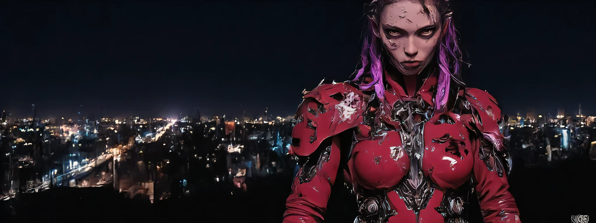 The image depicts a post-apocalyptic and artistic representation of a full body android with an intriguing blend of organic and mechanical elements. She is severely injured, bleeding from cuts and scrapes and a gunshot wound to her shoulder. Her expression is determined and grim, adding to a sense of power in the image. She has purple dreadlocks with neon purple lights at the tips. The clothing is crimson red leather and metallic. It is dusty and smashed and broken, revealing glimpses of skin and under armor. The lighting is very dark, the lights of her armor creating highlights on the reflective surfaces and casting subtle shadows that accentuate the contours and mechanical details. The background is dark, the silhouette of a bombed city in the distant background, creating a quiet yet powerful atmosphere. The shooting angle is elevated, with a sense of depth due to shadow play and the positioning of mechanical elements. The overall composition and technical execution present a seamless blend of organic and technological features, evoking themes of future, integration, and identity. 8k super hd, uhd (full body:2)