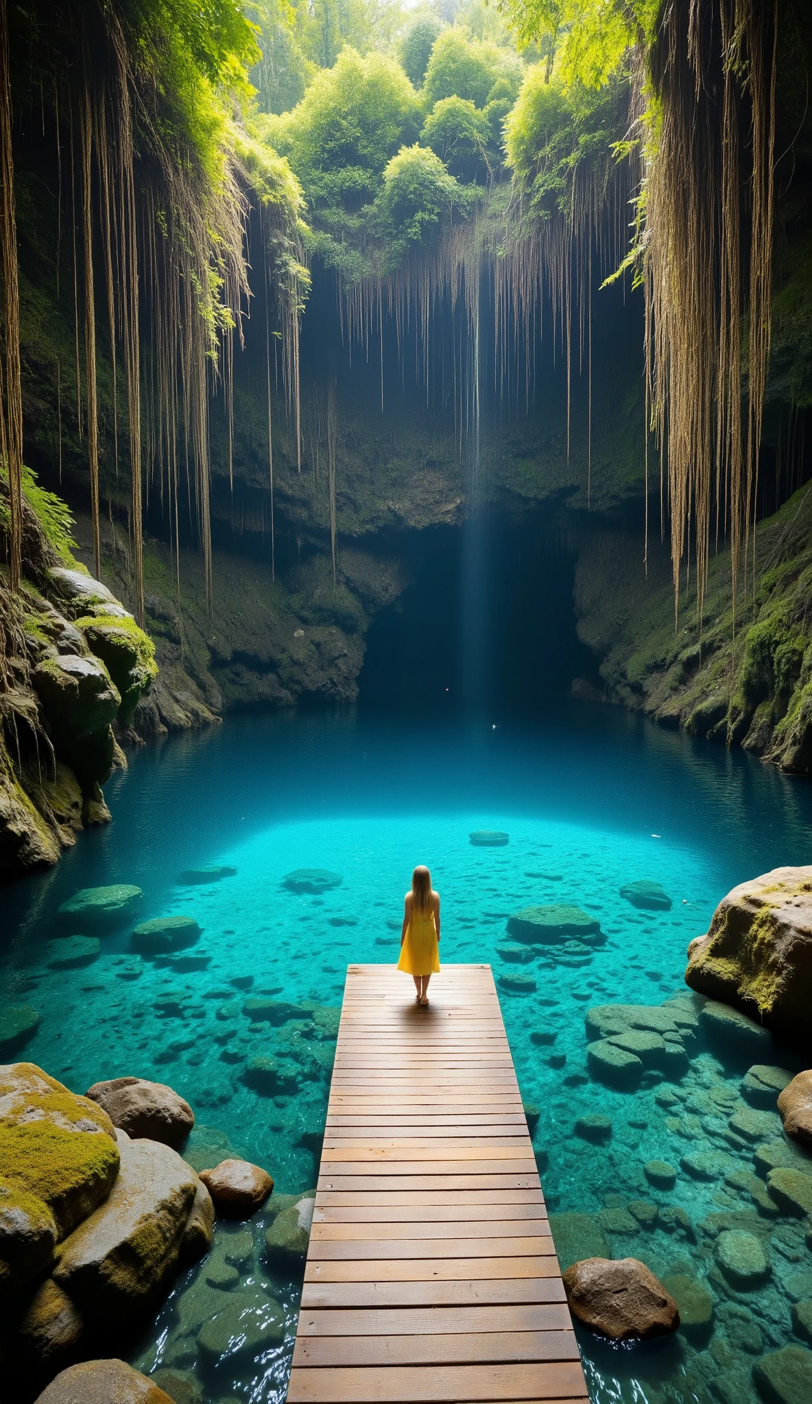 in high-definition images、The cenote is breathtakingly hidden、long vines and roots hang down、exudes a mysterious and enchanting atmosphere。The surface of the water remains 、A rustic wooden platform extends over the water。What is a natural underground sinkhole filled with crystal turquoise blue water、the water is incredibly clear and quiet。merges with natural rock layers and blends into the landscape、The woman in yellow can be seen in a small size、simple clear water and bright sunlight、a simple wooden platform spreads out on the surface of the water。
