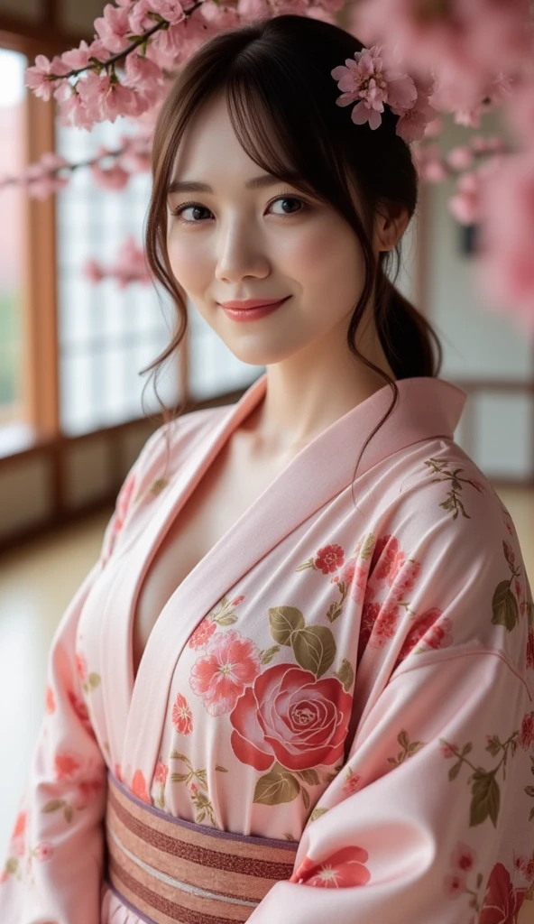（Highest quality、Tabletop、8k、Highest quality、Award-winning works）、（27-year-old Japan beauty：1.1）、（The proprietress of a luxury inn：1.1）、（Elegant pink floral print kimono： 1.2)、(Kimono that shows the chest:1.3)、(Big cleavage:1.5)、(Open chest:1.3)、(large soft breasts:1.3)、(Big cleavageが露出:1.3)、Perfect beauty portrait、Glowing Skin、Standing Elegantly、(Blurred elegant luxury hotel background:1.3)、(The most natural and perfect tidy luxury inn background:1.2)、(The most moody and romantic:1.2)、(Tyndall effect:1.1)、Great cinema lighting、(The most atmospheric and warm lighting:1.1)、Glowing White Skin、Very white skin、(Accentuates body lines:1.1)、(The most graceful posture:1.2)、Perfect, beautiful and glossy lips、(Accurate anatomy:1.1) 、(Perfect and elegant outfit:1.1)、(Standing with good posture:1.1)、(Close-up of face:1.2)、Hair Bun、Perfect classy makeup、Beautiful glossy lips、Glowing, beautiful, flawless skin、Sexy Japanese beauty、(A slight smile full of sex appeal:1.1)、(A charming 2 beauty:1.1)、(A charming smile:1.1)